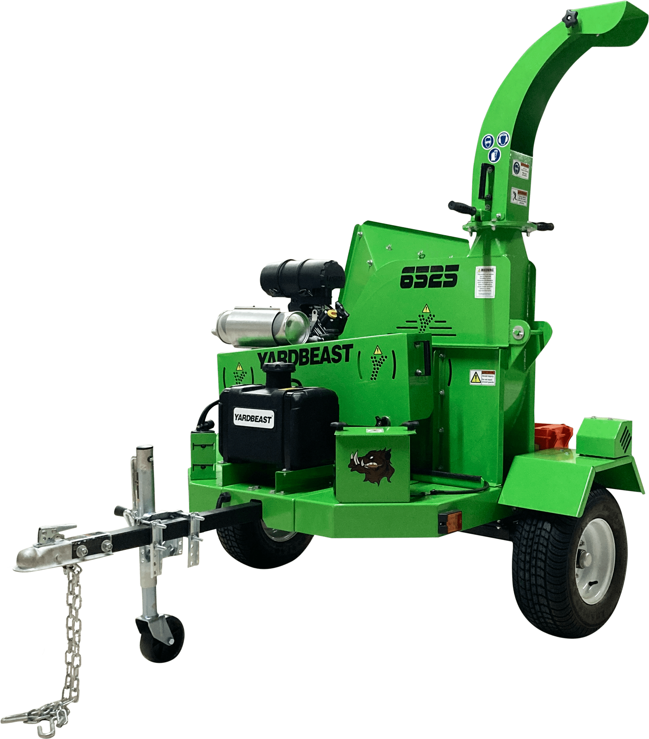 Green YardBeast 6525 wood chipper with 'Yard Beast' branding on a transparent background left front view