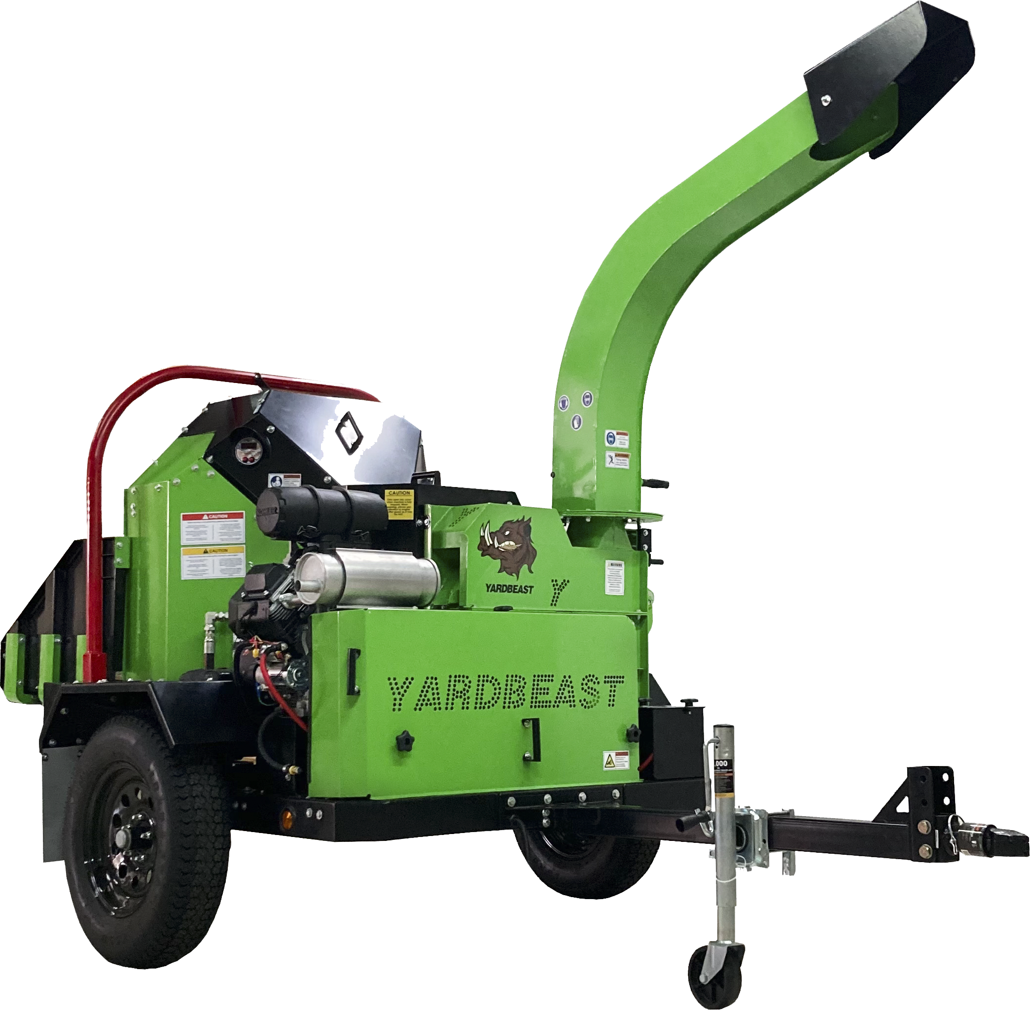 Green YardBeast 7027 commercial wood chipper with 'Yard Beast' branding on a white background front view