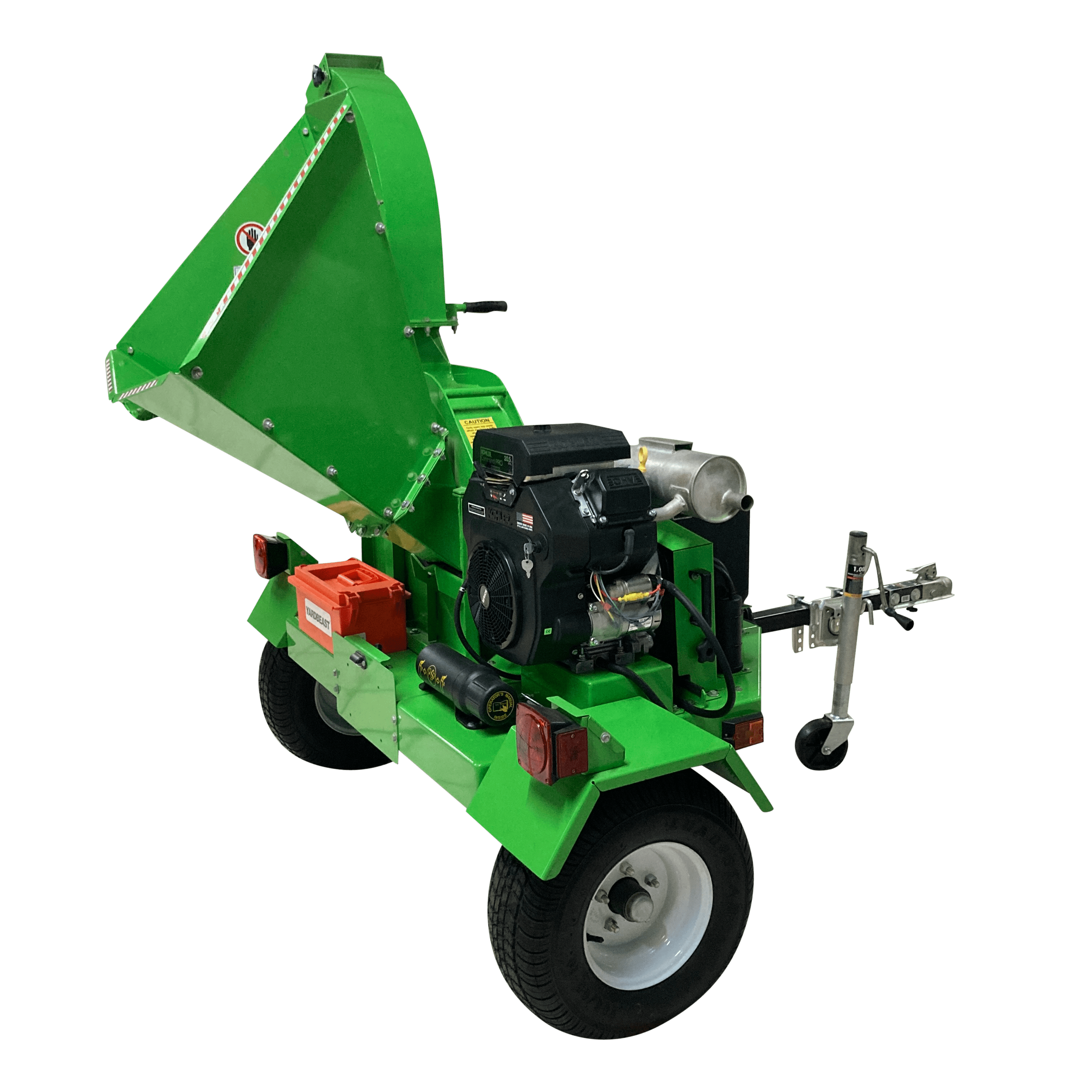 Green Yard Beast Wood Chipper 4521 on wheels right side view with engine showing