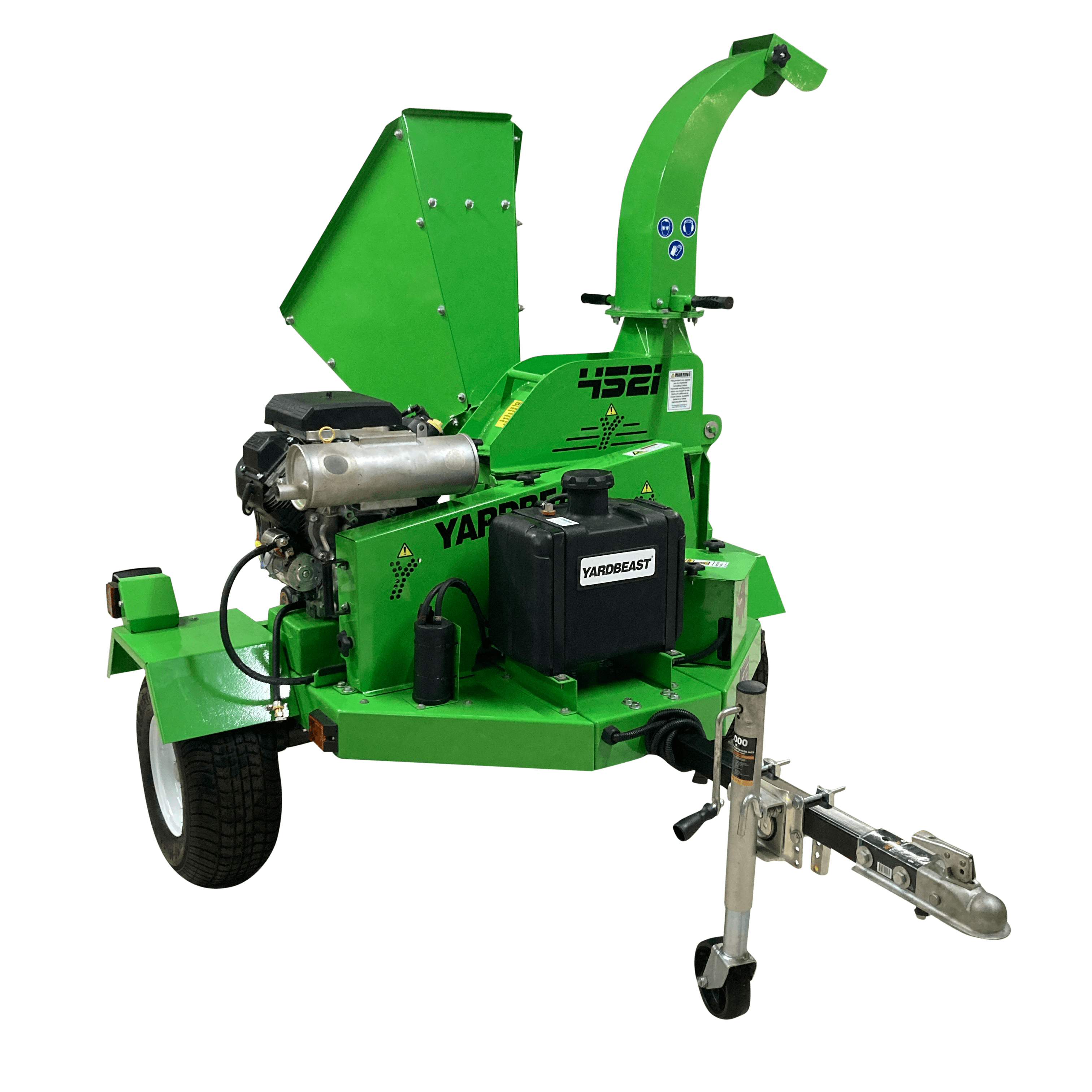 Green YardBeast  wood chipper 4.5 in with visible branding 4521 and yardbeast on a transparent background front view
