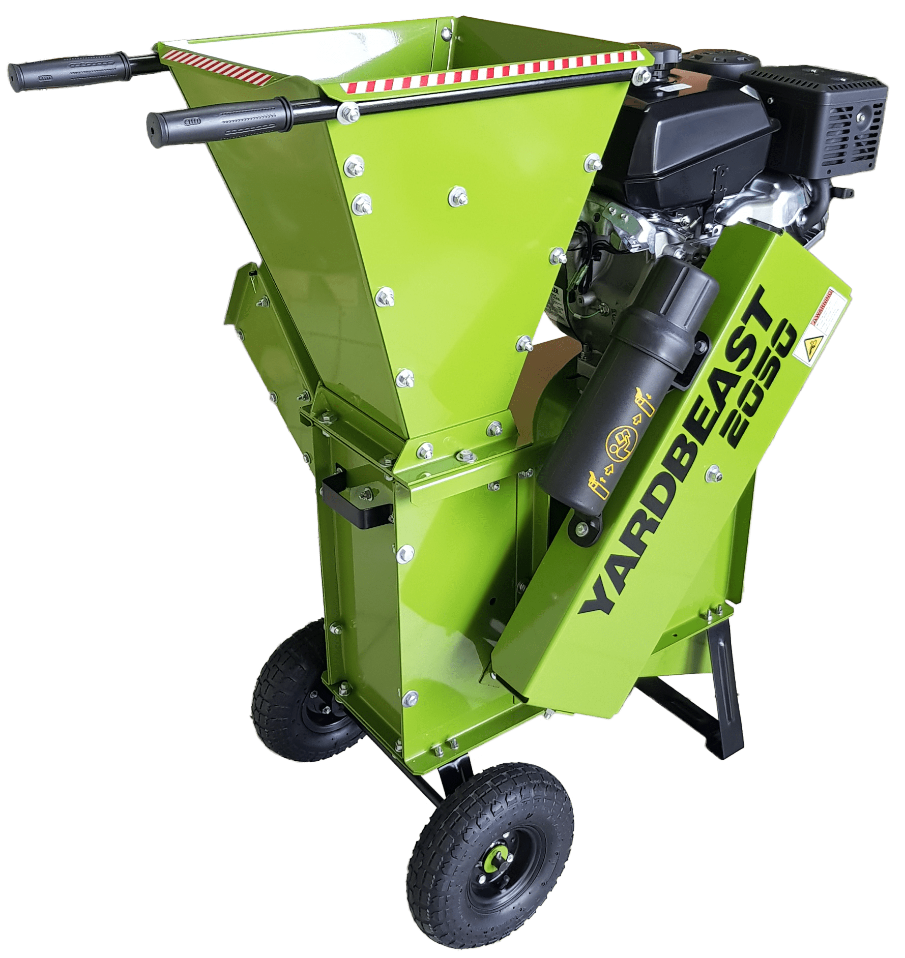 Green Yard Beast 2050 wood chipper with 'Yardbeast 2050' branding on a white background side view