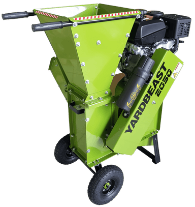 Green Yard Beast 2050 wood chipper with 'Yardbeast 2050' branding on a white background side view