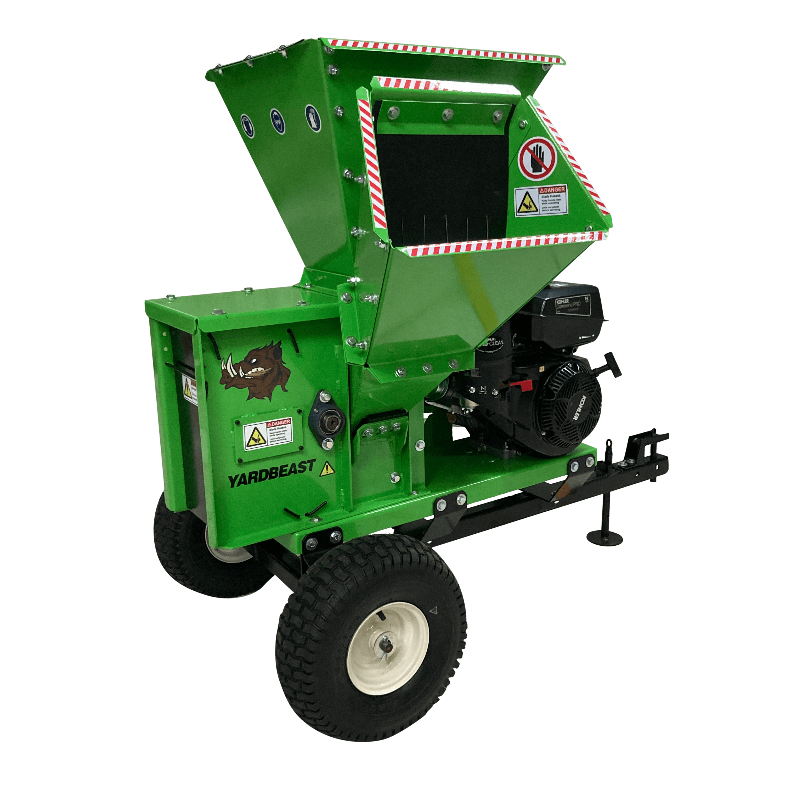 Green Yard Beast 2090 3.5 in. wood chipper shredder with 'Yardbeast' branding side mouth view on a transparent background