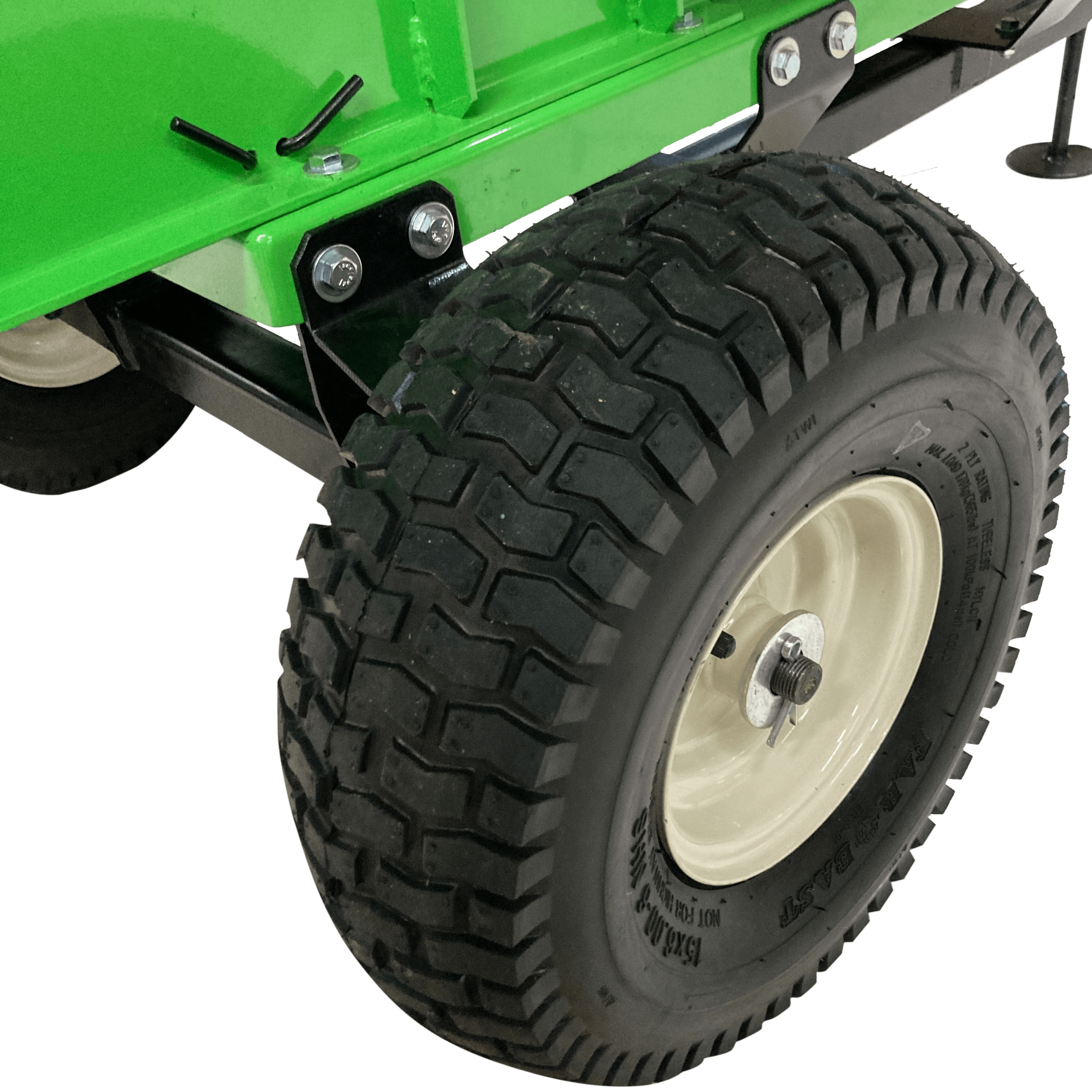 Close-up of a green YardBeast 2090 3.5 in. woodchipper with a large black tire on a transparent background