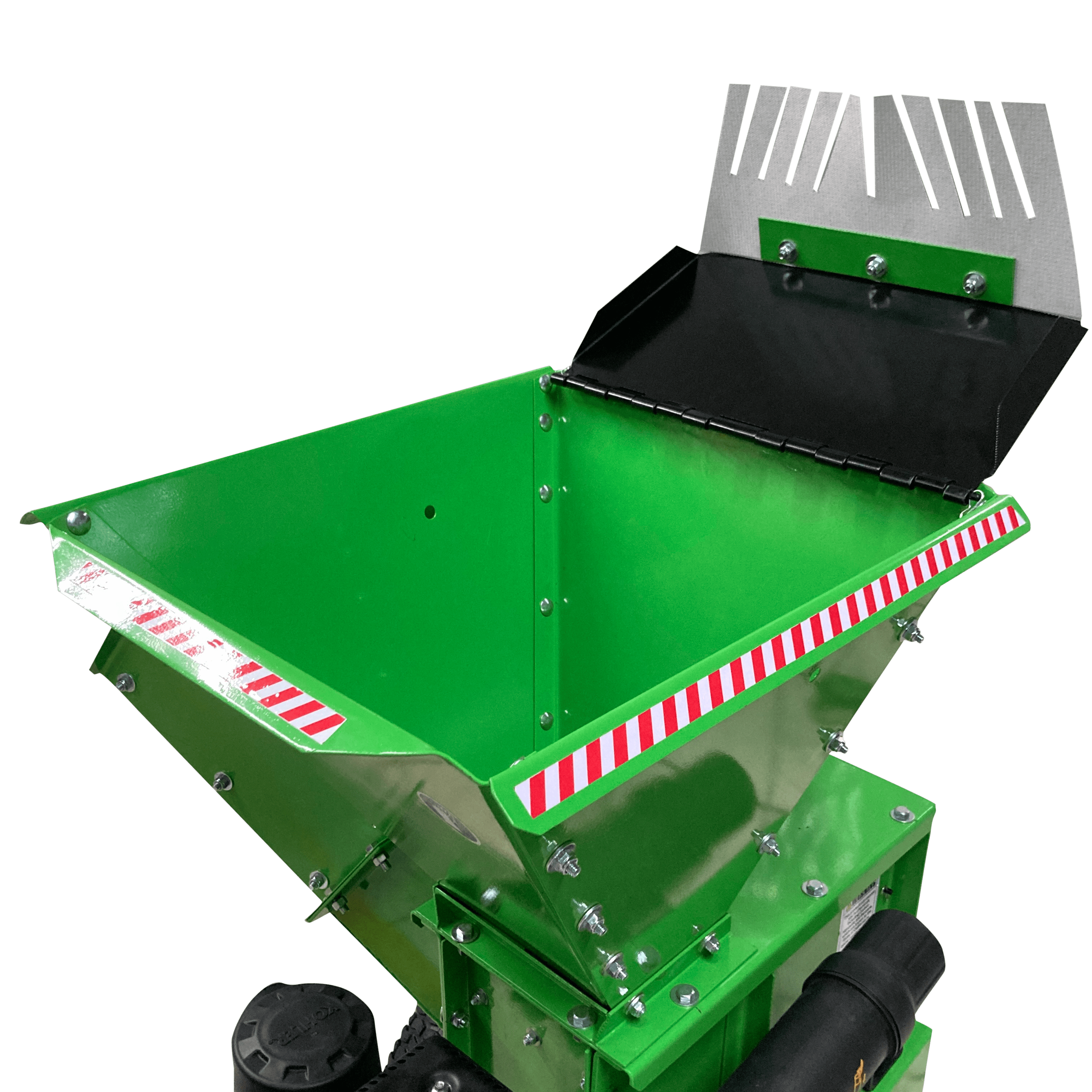 Green Yard Beast 2090 3.5 in. woodchipper Shredder with a black lid on a transparent background mouth view