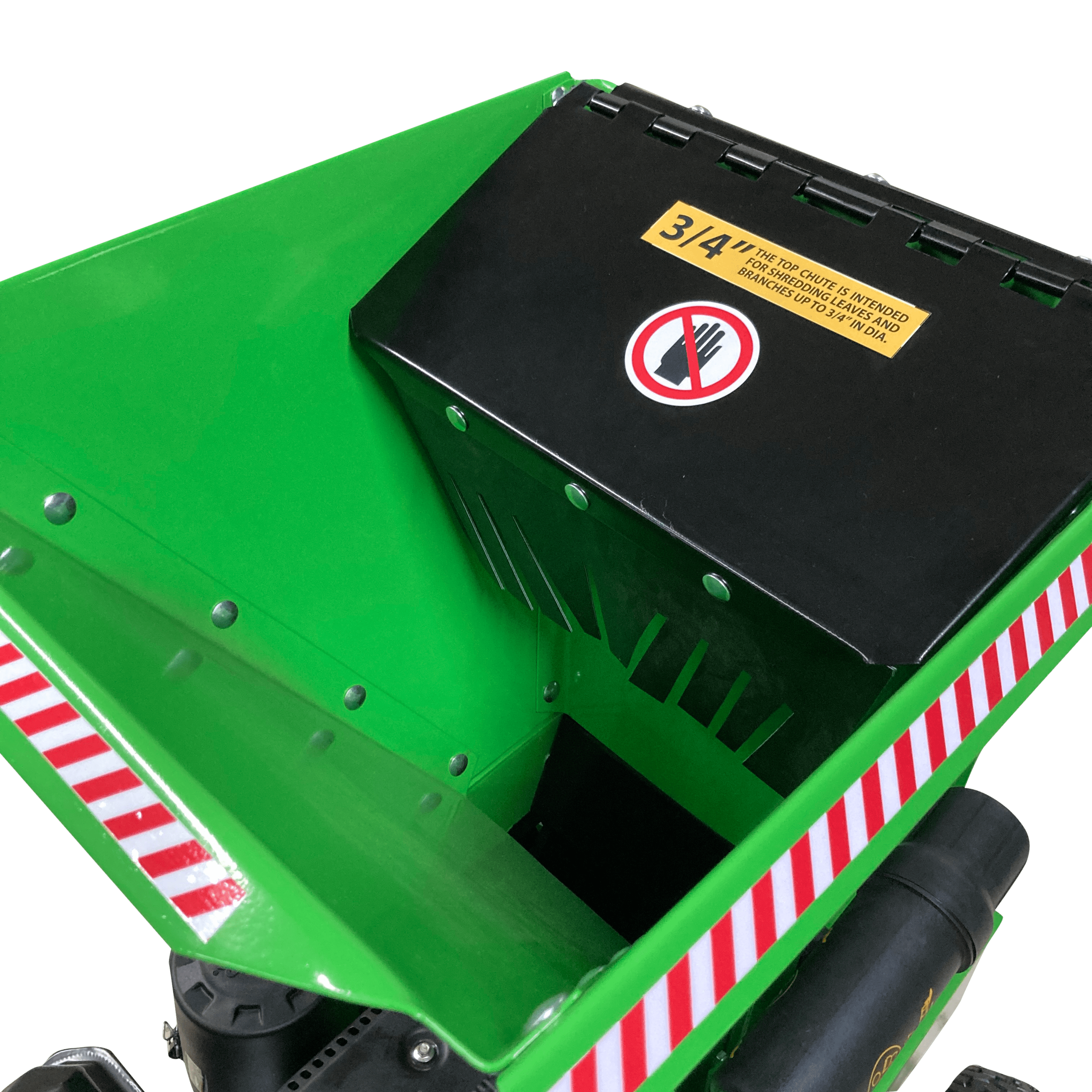 Green Yard Beast 2090 3.5in. woodchipper with a black cover featuring a warning label on a green background mouth view