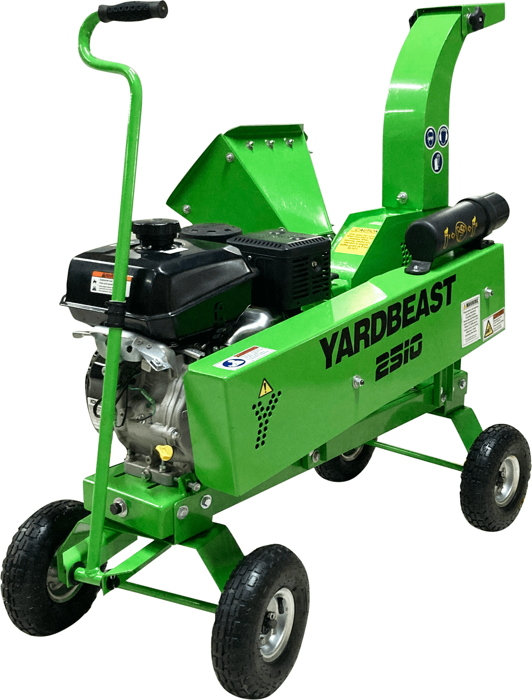 Green Yard Beast 2510 2.5 in woodchipper on a transparent background with Yardbeast 2510 logo on the side