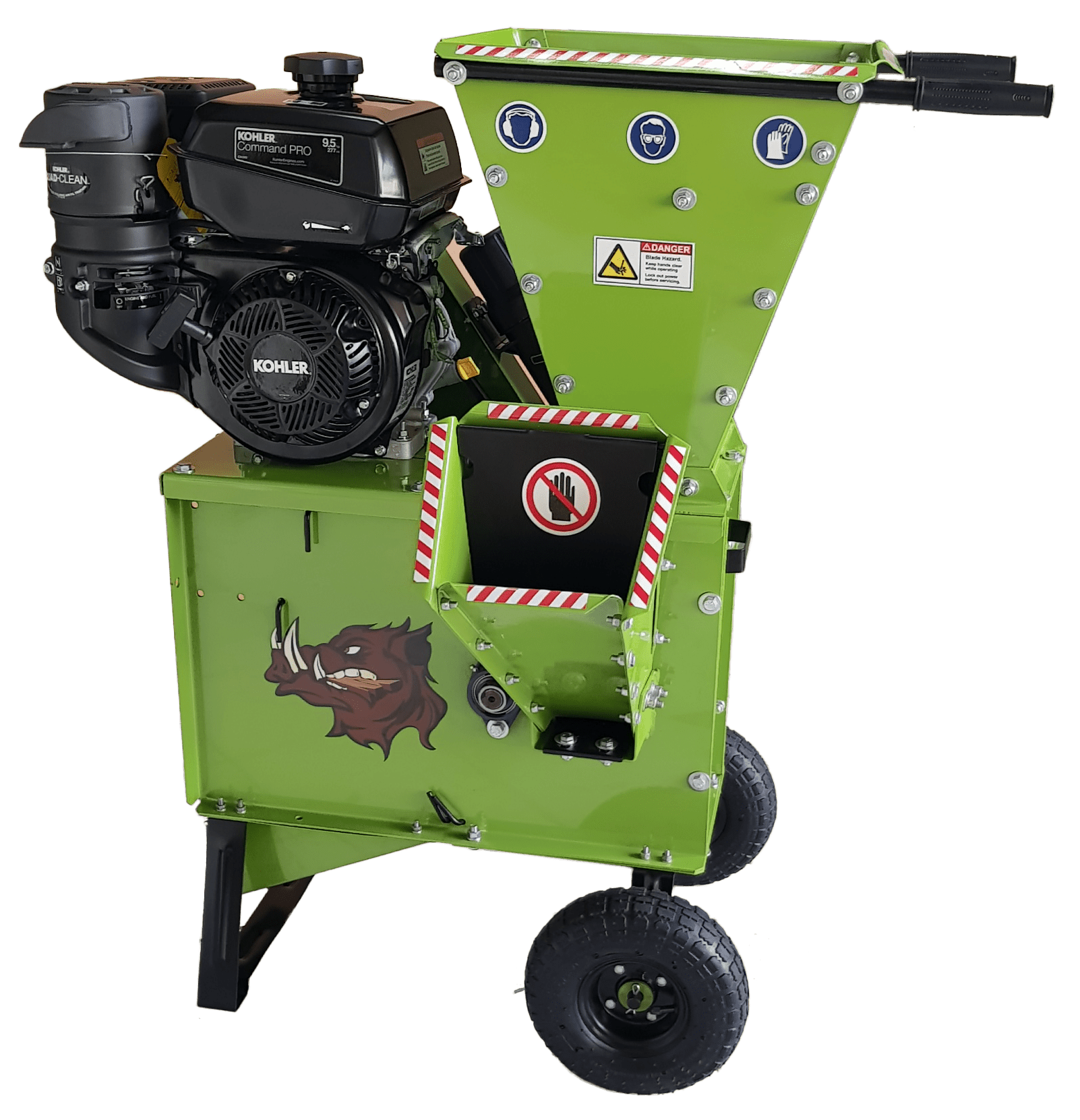 Green Yard Beast 3in. Woodchipper shredder with Kohler engine on a white background front mouth and engine view with logo showing