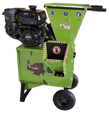 Green Yard Beast 3in. Woodchipper shredder with Kohler engine on a white background front mouth and engine view with logo showing