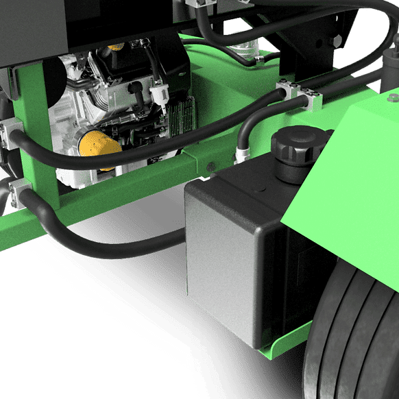 Close-up of a green and black yardbeast lz 705 log splitter with mechanical components on a black background