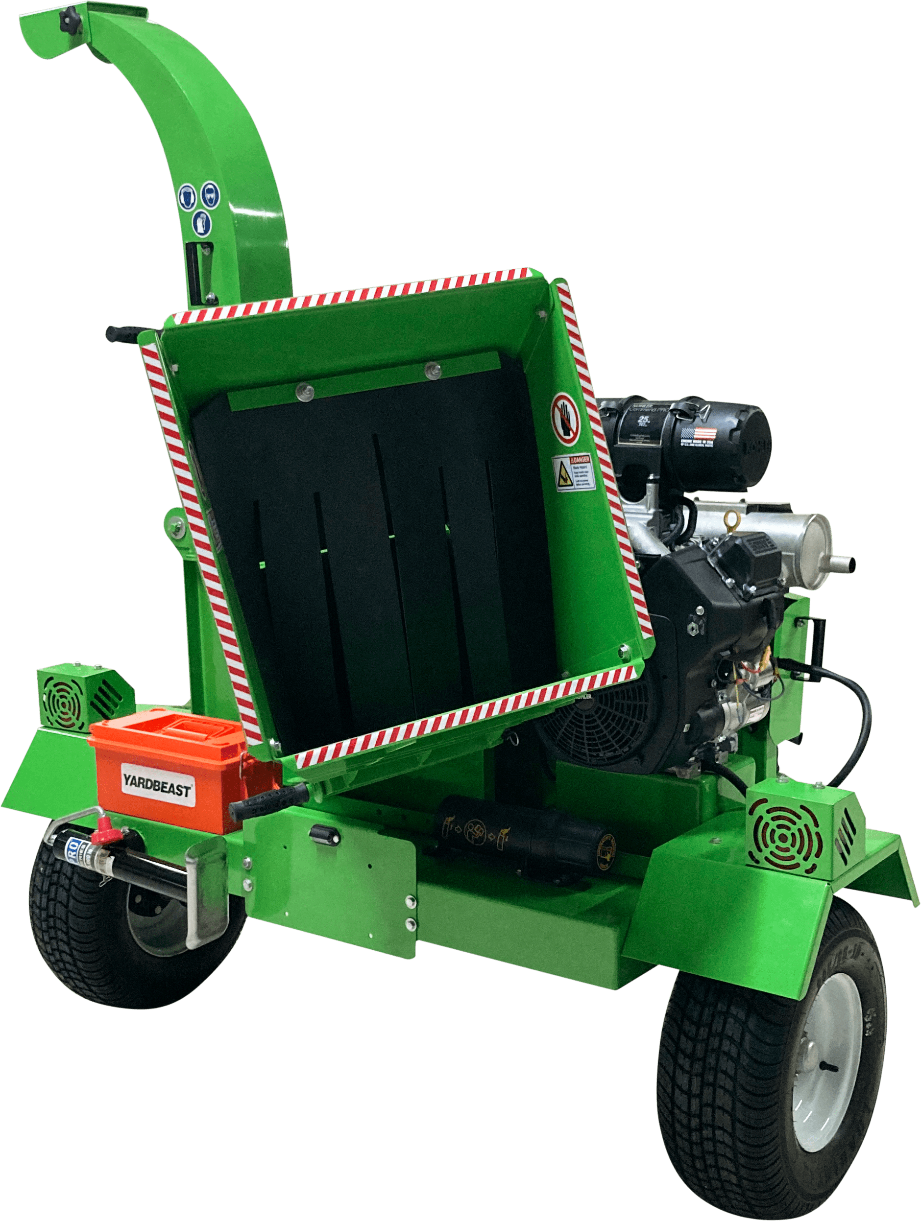 Green Yard Beast 6525 wood chipper on a transparent background mouth view with mudflaps in mouth