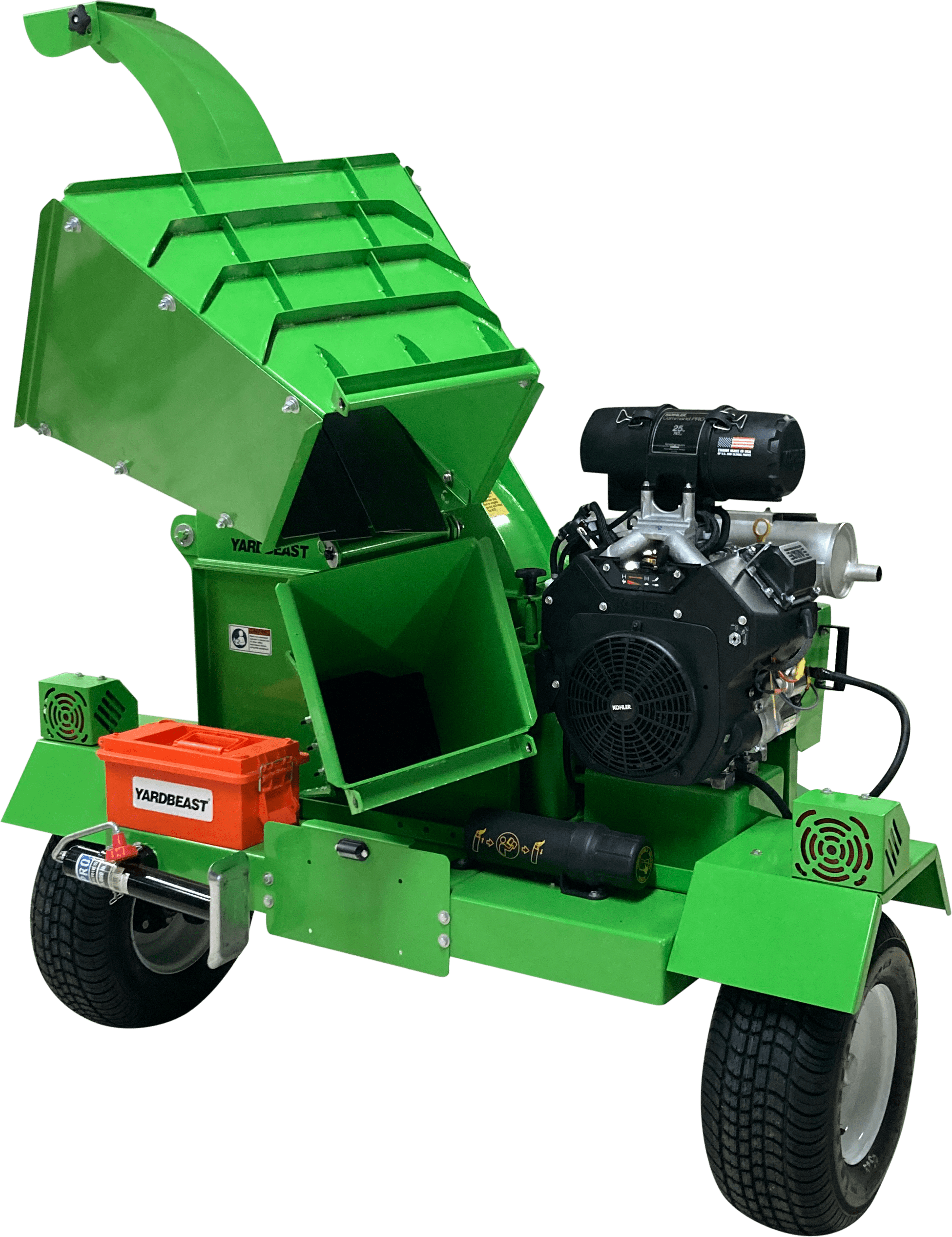 Green Yard Beast 6525 wood chipper with engine on a transparent background mouth view on wheels