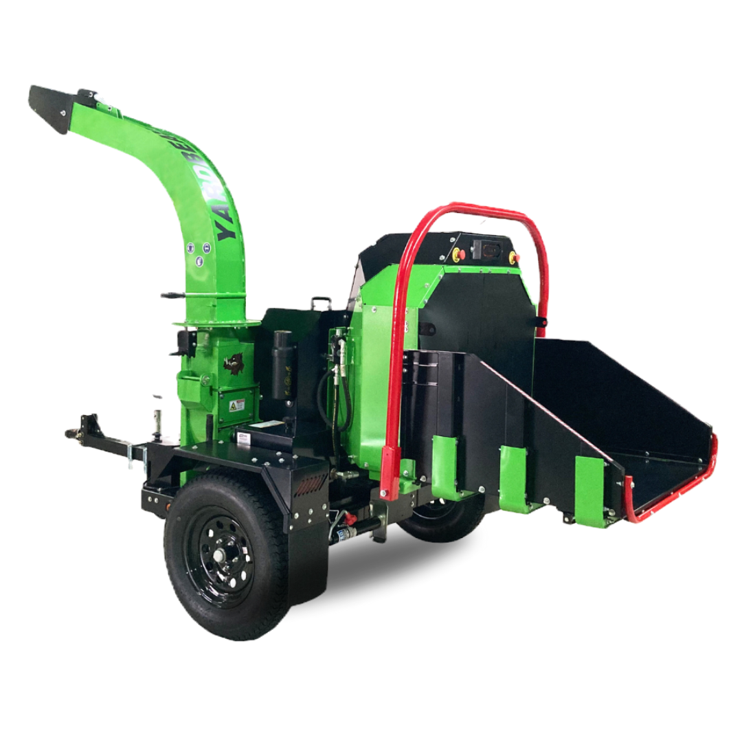 Green and black Yard Beast 7027 Commercial wood chipper on a white background side view