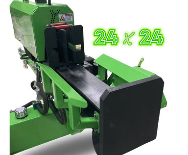 Green and black Yard beast 32-ton logsplitter with '24 x 24' text on a white background wedge view