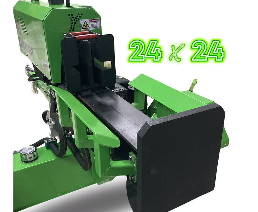Green and black Yard beast 32-ton logsplitter with '24 x 24' text on a white background wedge view