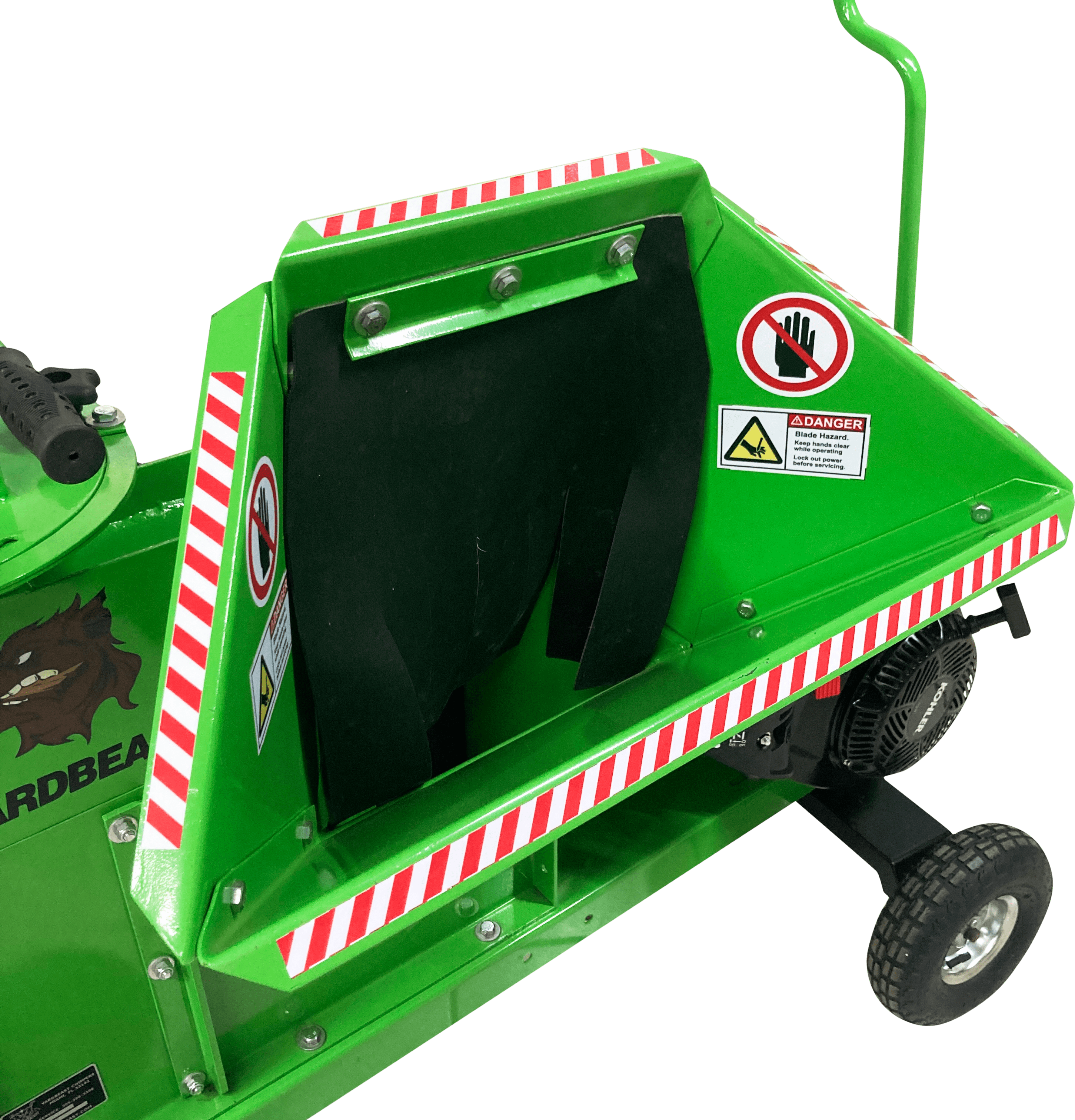 Green Yardbeast 3514 Woodchipper shredder with warning labels on a transparent background mouth view