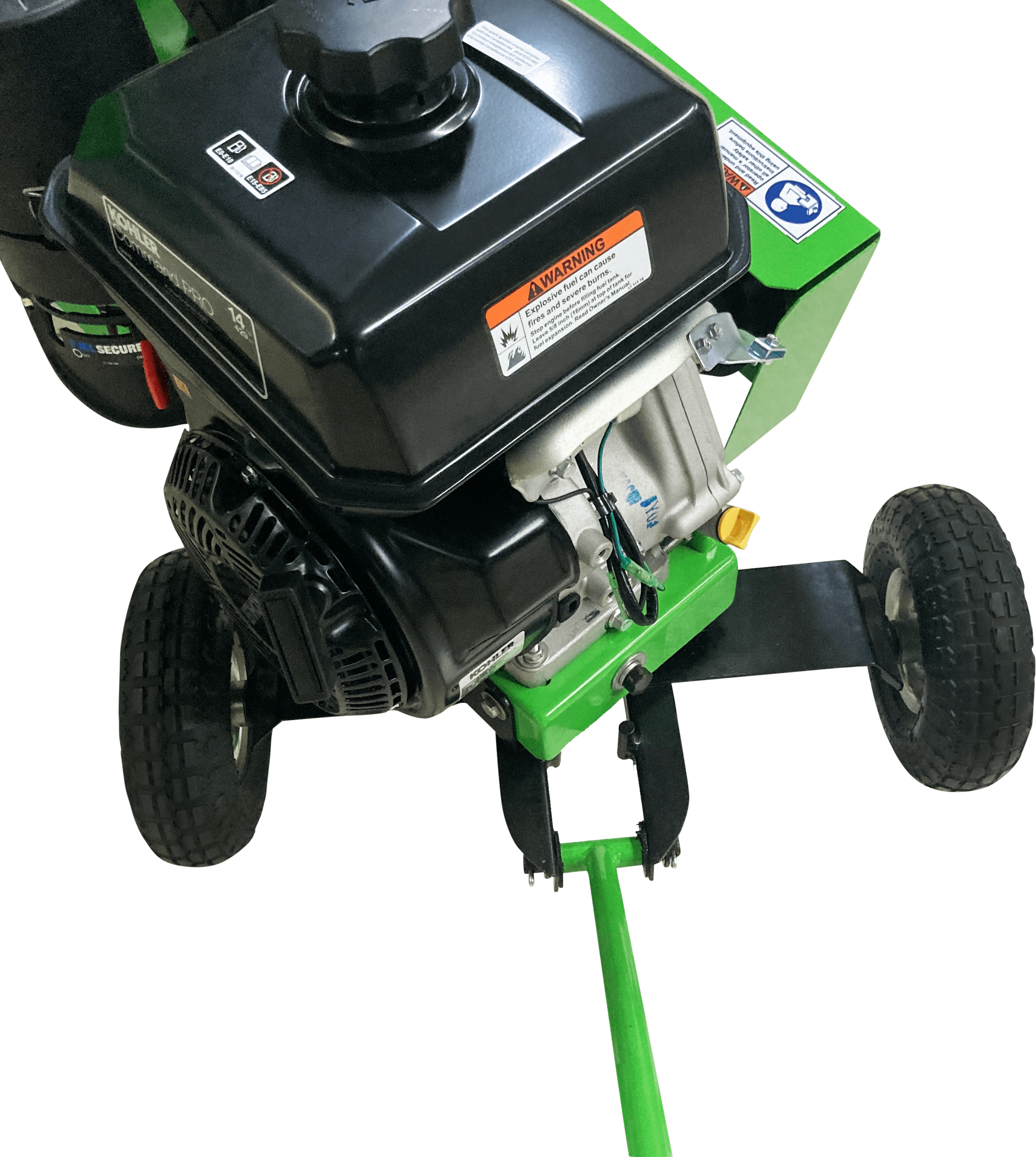 Close-up of a green and black Yard beast 3514 3.5in Woodchipper on a transparent background closeup engine view