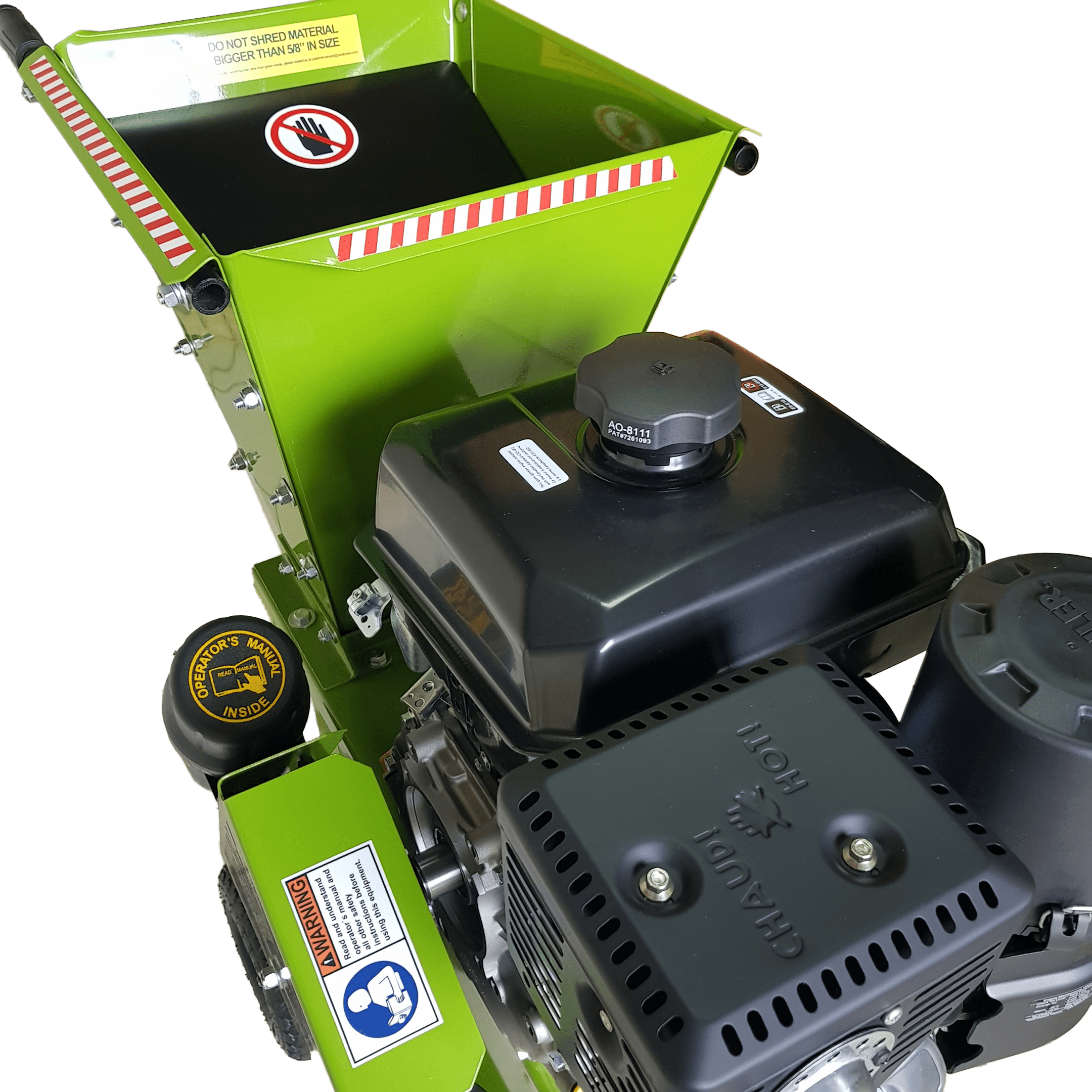 Close-up of a green and black Yardbeast 2050 3.In Woodchipper Shredder , top view of engine and mouth
