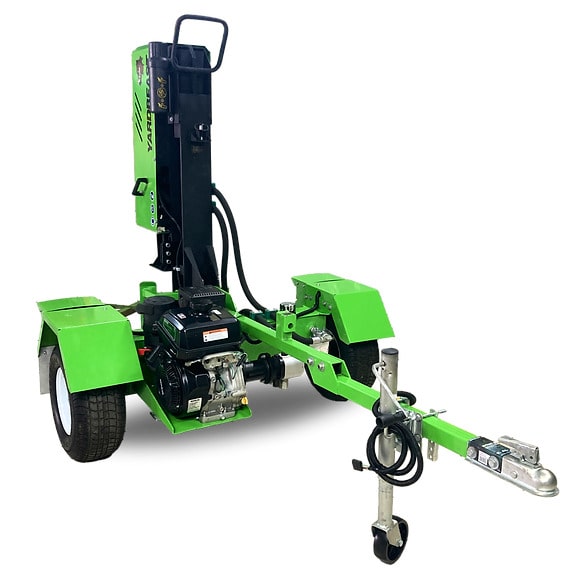 Green and black YardBeast lz 505 log splitter on a white background in verticle position back view.