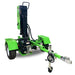 Green and black YardBeast lz 505 log splitter on a white background in verticle position back view.