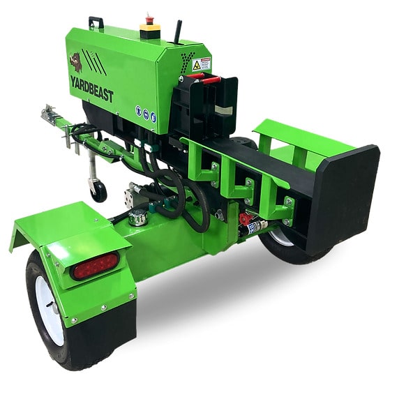 Green Yardbeast 32 ton logsplitter labeled 'Yard Beast' on a white background in horizontal position.