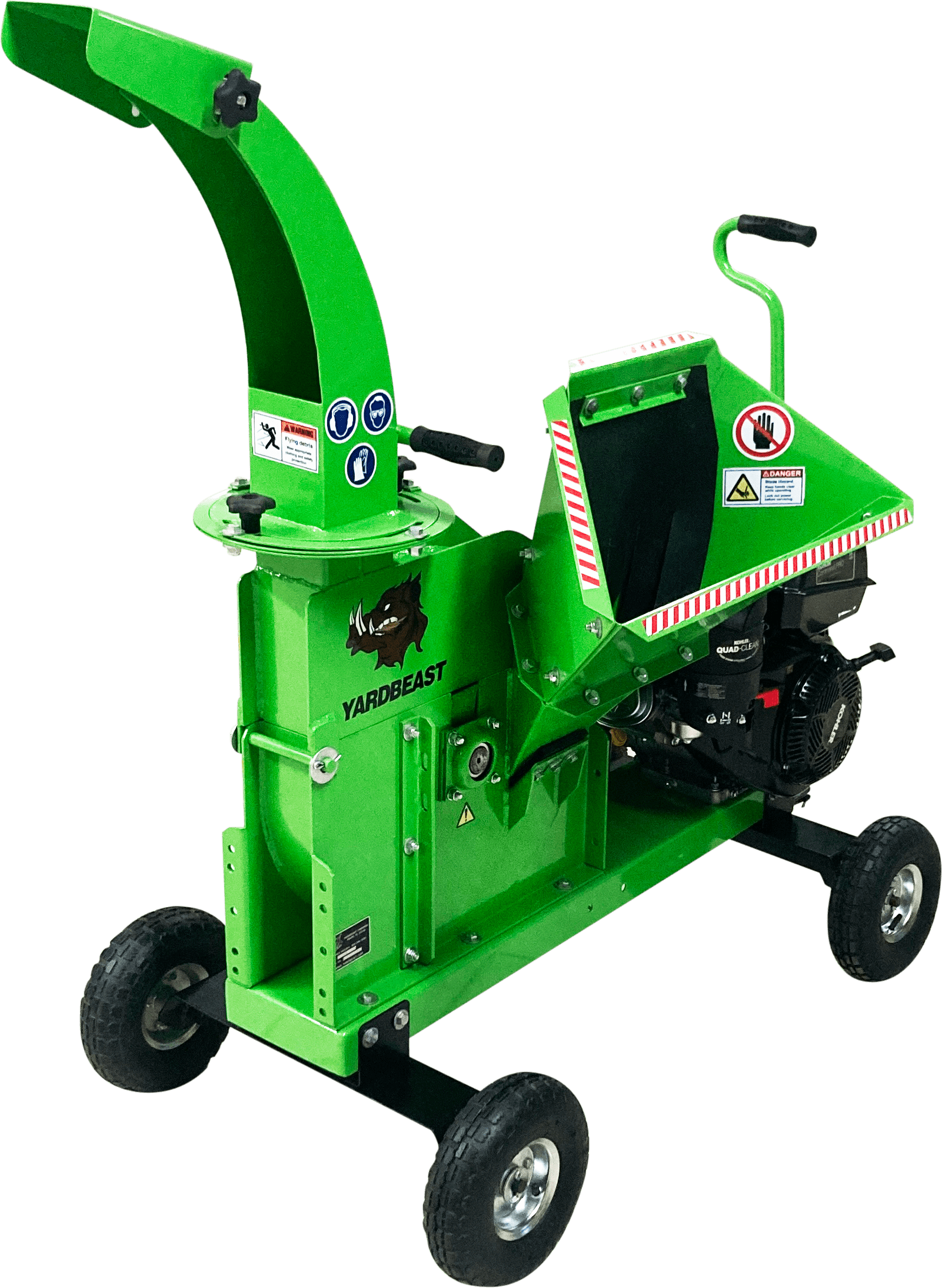 Green Yardbeast 3514 3.5 Woodchipper with 'Yard Beast' branding on a white background mouth view