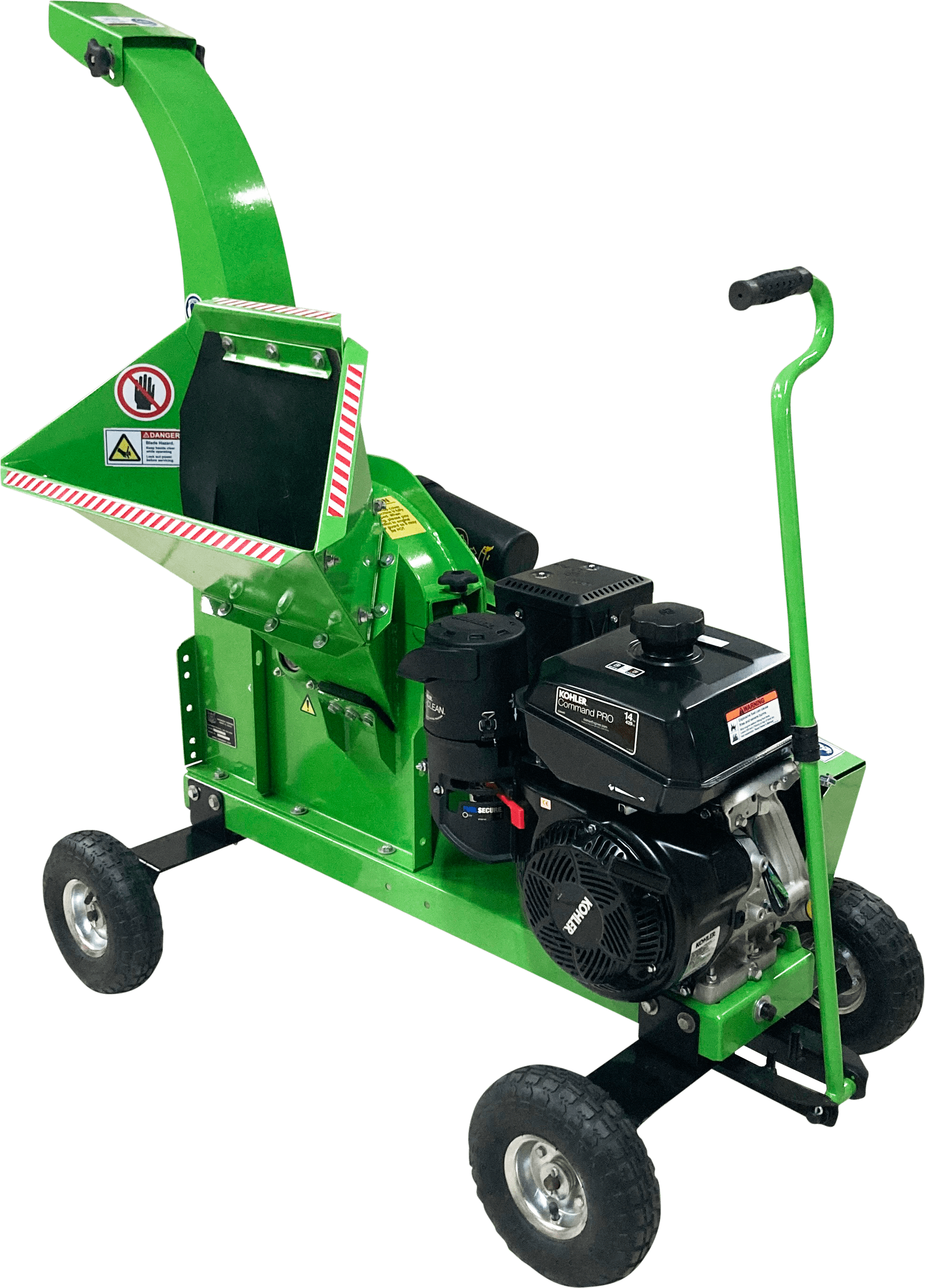 Green Yardbeast 3514 3.5 in. Woodchipper on a transparent background back left iew with engine and mouth showing