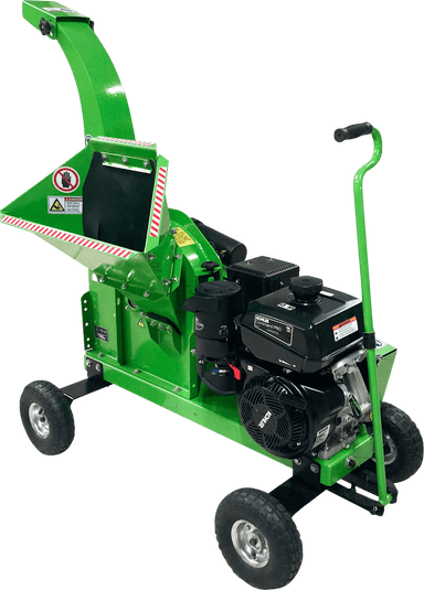 Green Yardbeast 3514 3.5 in. Woodchipper on a transparent background back left iew with engine and mouth showing