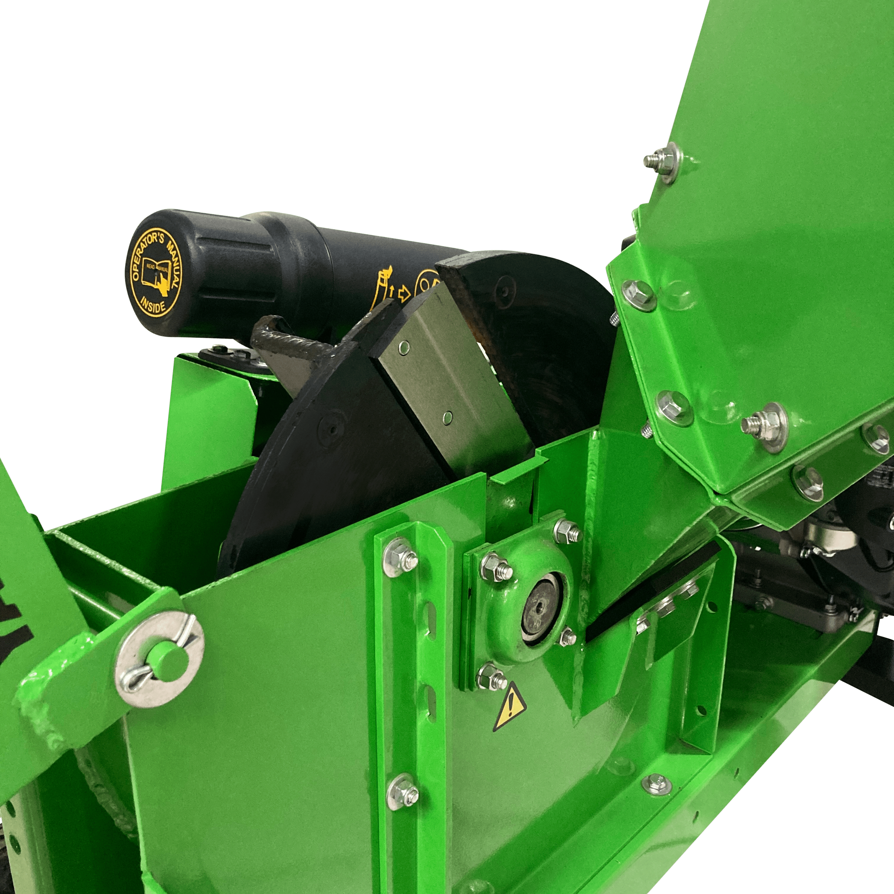 Close-up of a green mechanical component of the Yardbeast 3514 3.5 Woodchipper with visible branding on a transparent background