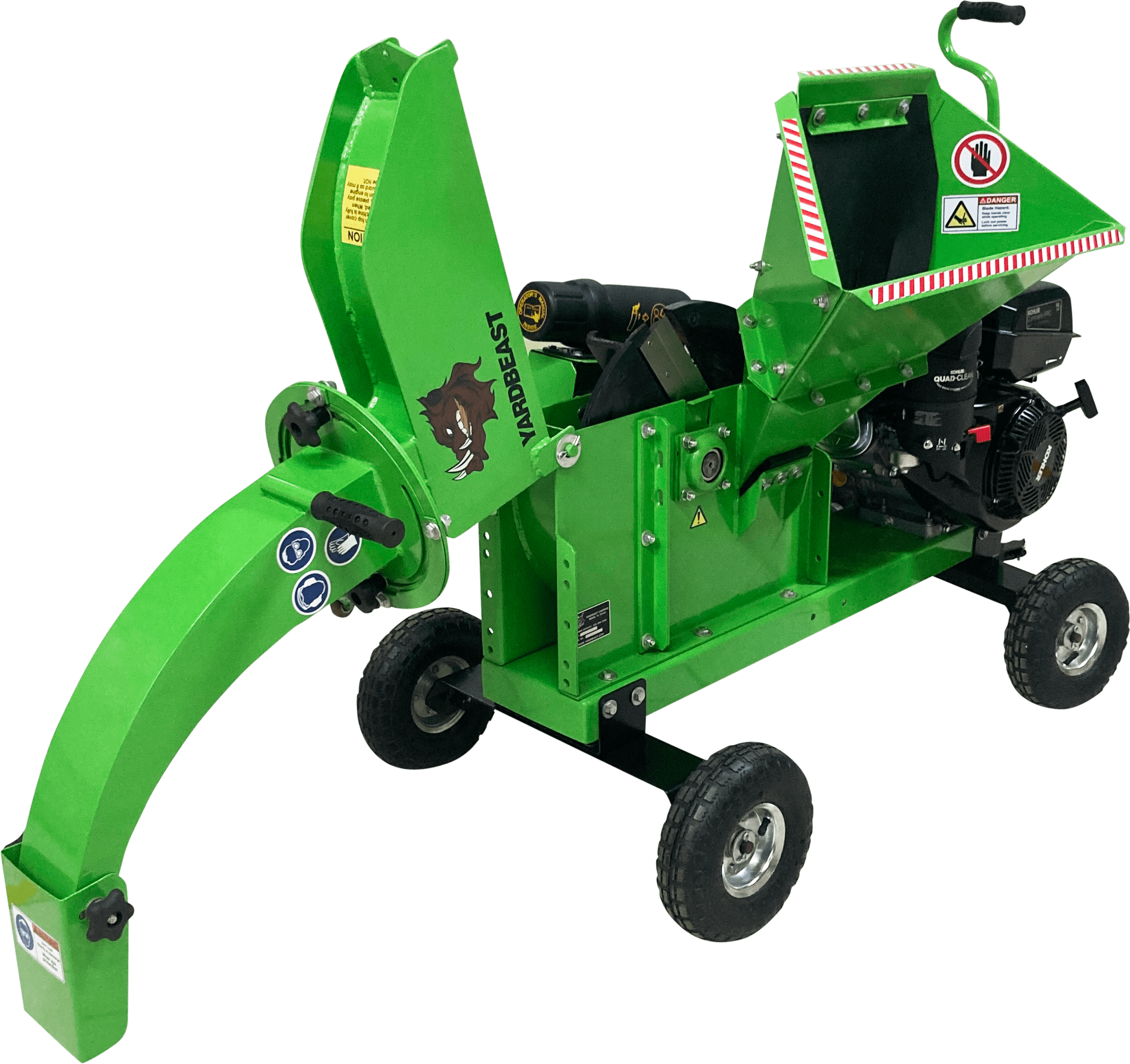 Green Yardbeast 3514 Woodchipper on a transparent background mouth view with chute opened so the blade is exposed and the logo is int the side with the yardbeast lettering on the side