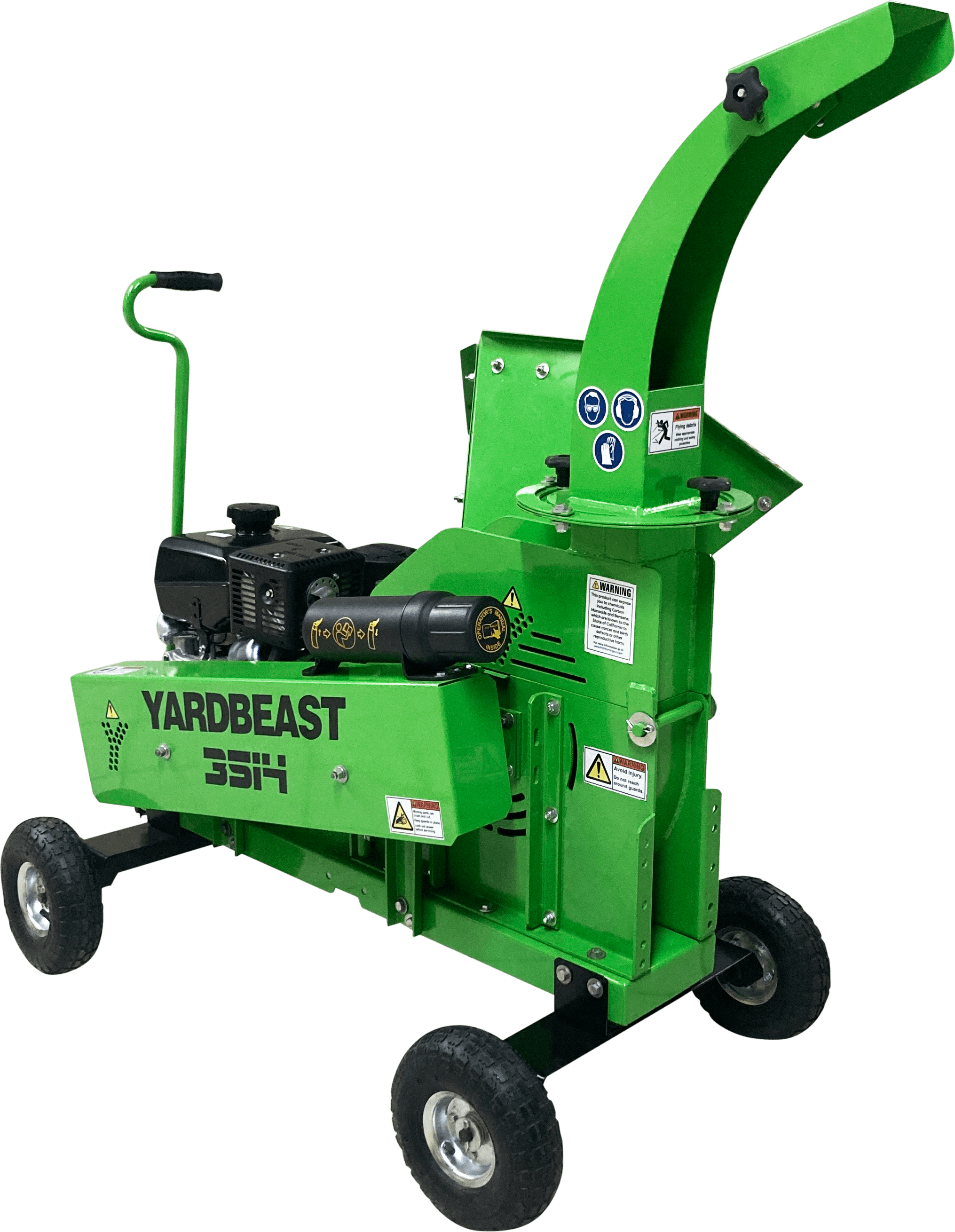 Green Yardbeast 3514 Woodchipper shredder with 'Yardbeast' branding on a transparent background side view