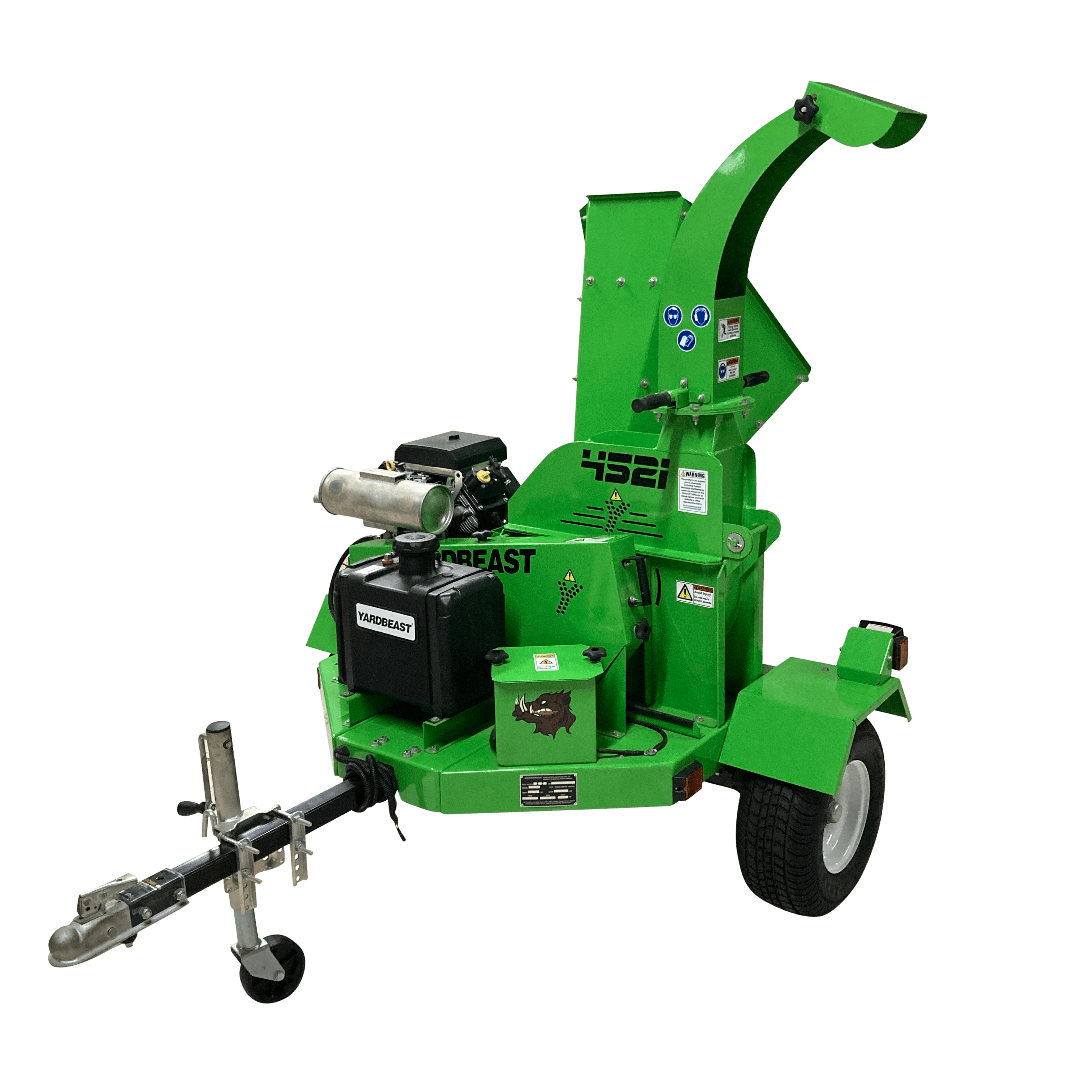 Green Yardbeast 4521 wood chipper on a transparent background Front left view with logo showing