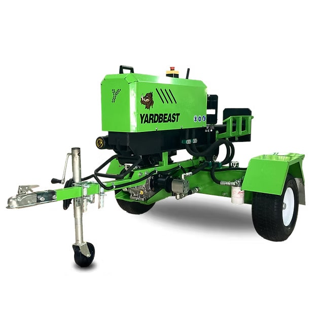 Green Yardbeast lz 505 log splitter on a white background in horizontal position  front left view with yardbeast logo on the left side