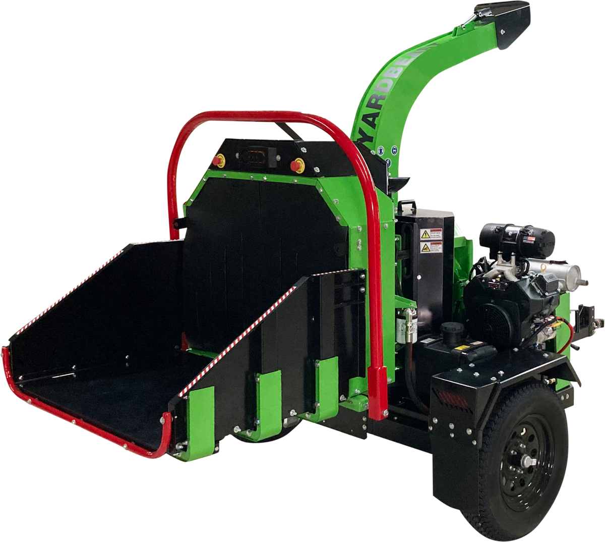 Green and black Yardbeast commercial wood chipper with red accents on a white background mouth view