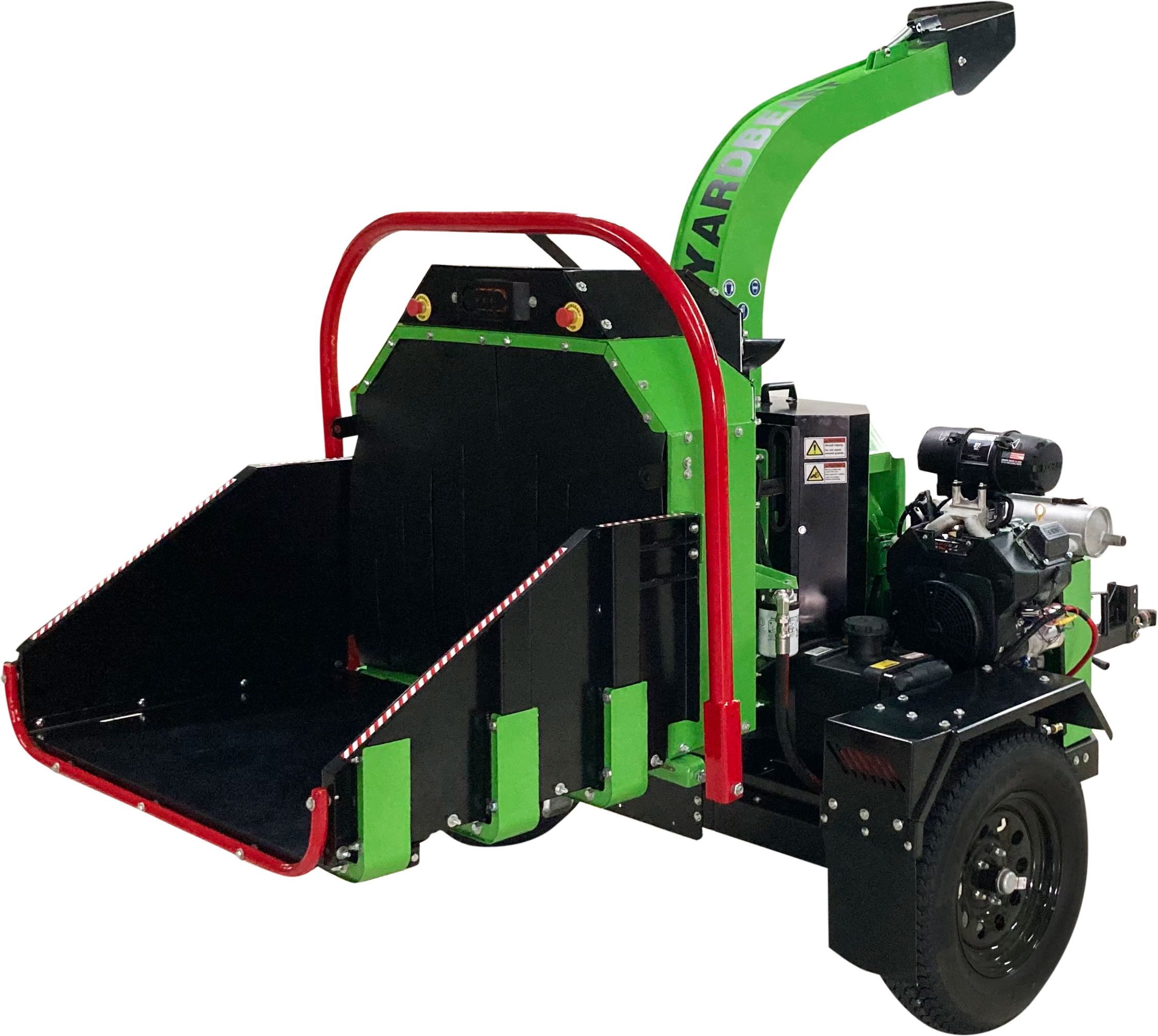Green and black Yardbeast commercial wood chipper with red accents on a white background mouth view