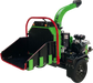 Green and black Yardbeast commercial wood chipper with red accents on a white background mouth view