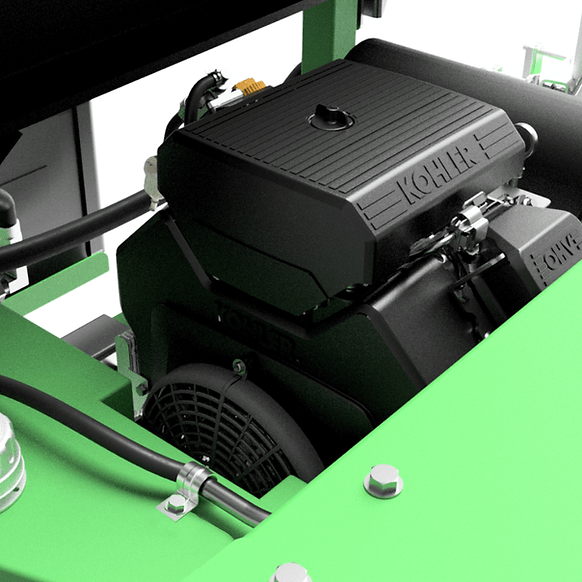 close up view of a Kohler engine on a green and black Yardbeast lz-705 40 ton logsplitter on a white background. 