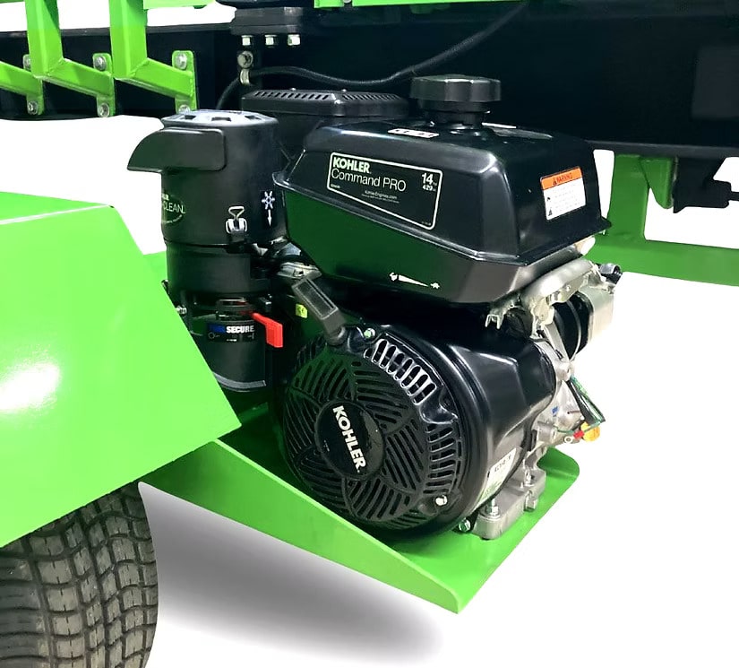 Close-up of a Kohler Command Pro engine on a green Yardbeast lz 505 32 ton Logsplitter on a white background.
