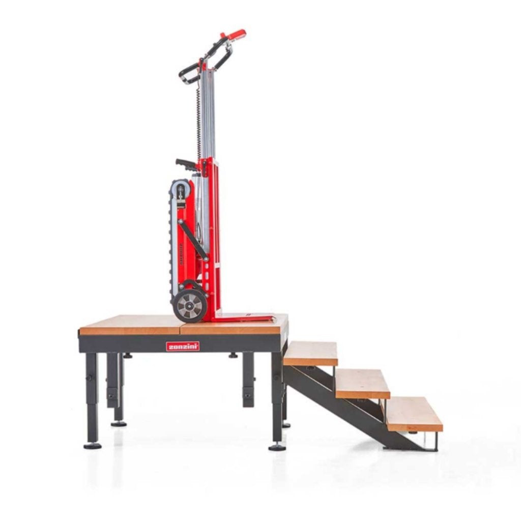 Red Zonzini stair crawler buddy lift with wooden platform and steps on a white background