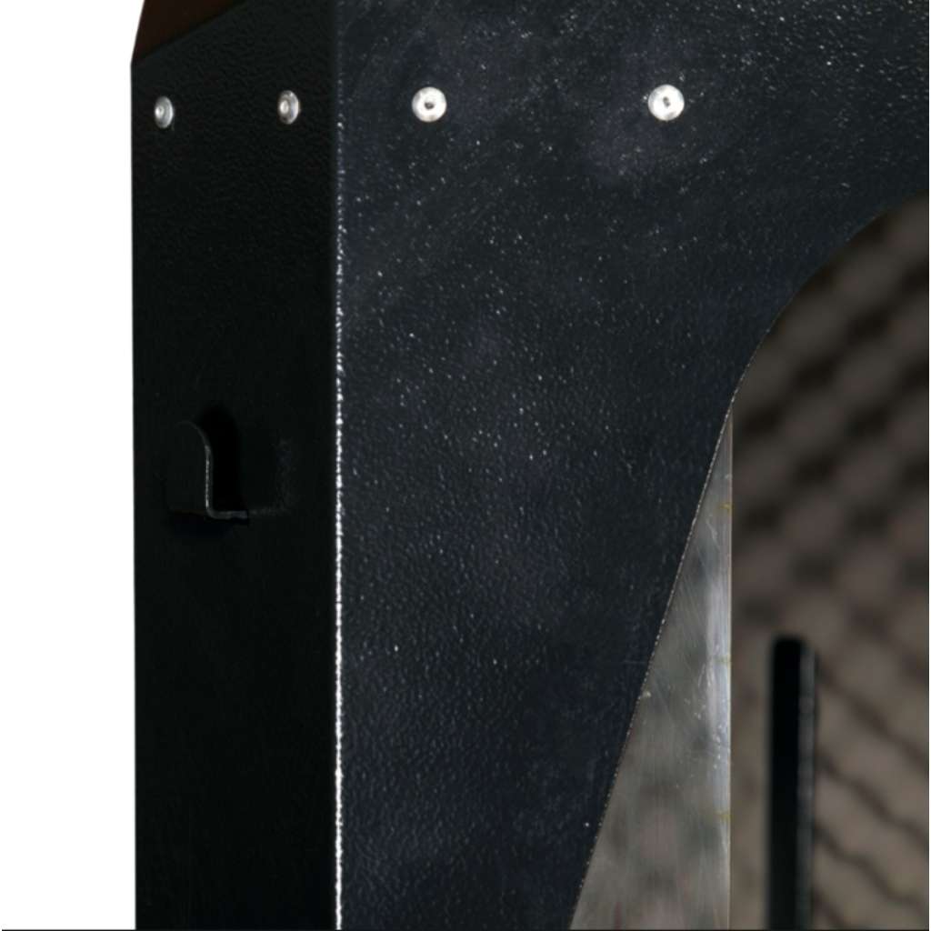 Close-up of a black metal surface of armorgard 55x31 inch cutting station with screws and a textured pattern