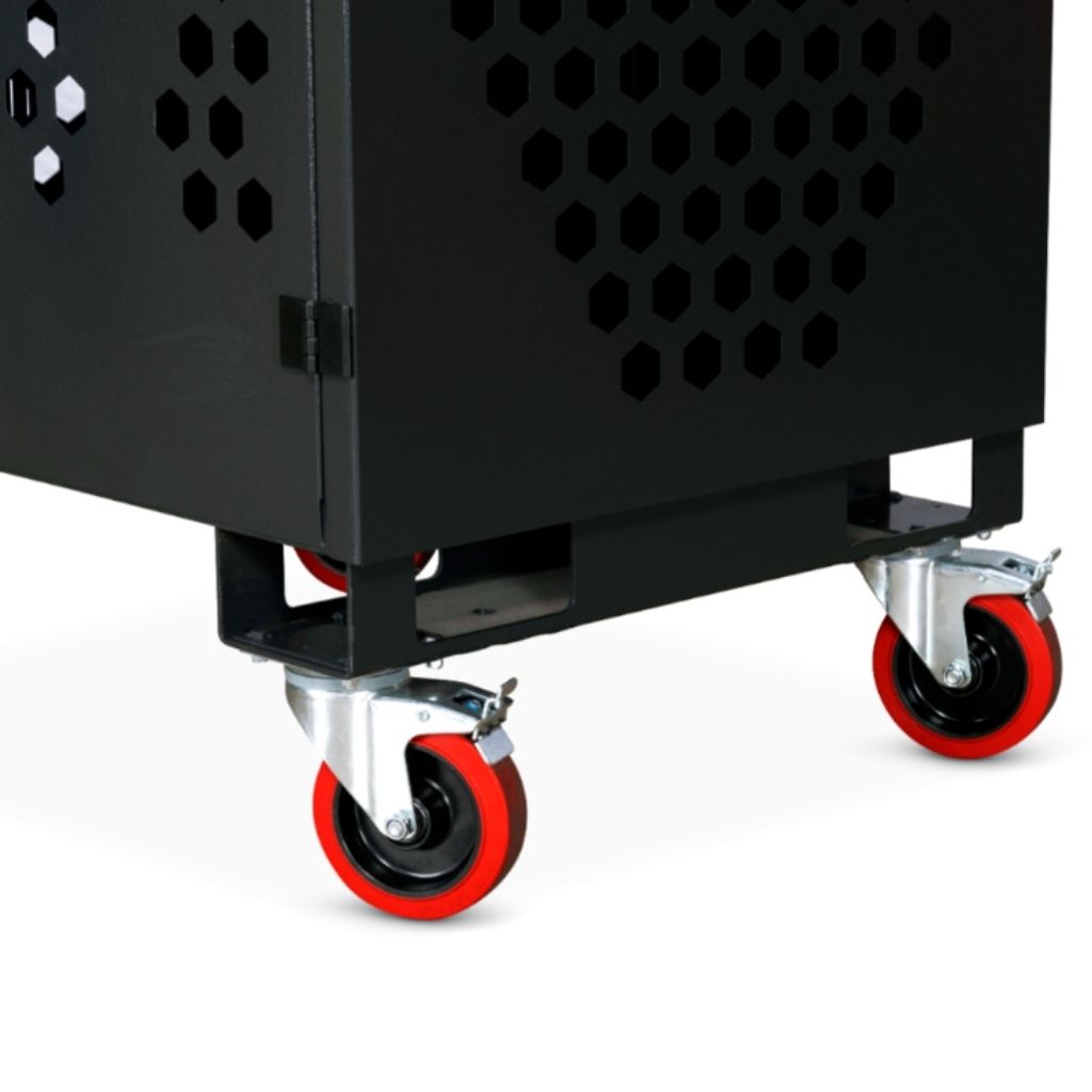 Black armorgard fitting store with red wheels on a white background