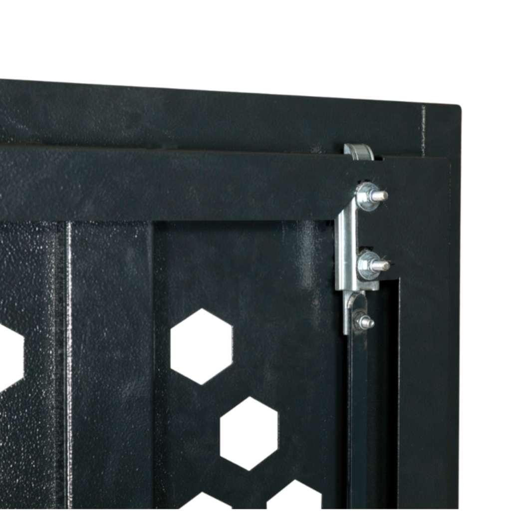 Close-up of a black metal gate of an armorgard fittingstor FC6 with hexagonal patterns and a hinge on a white background