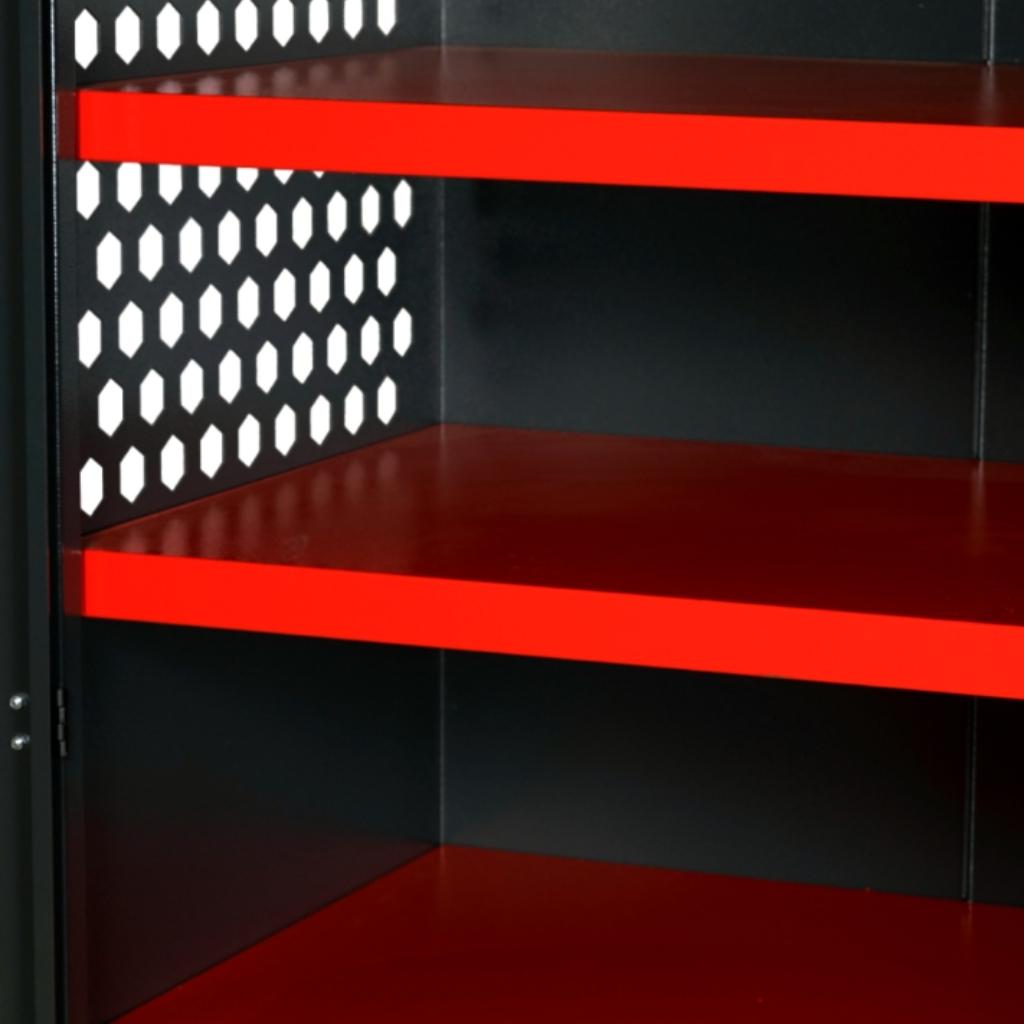 Red metal shelf with to an armorgard fittingstor with perforated black panel on a dark background