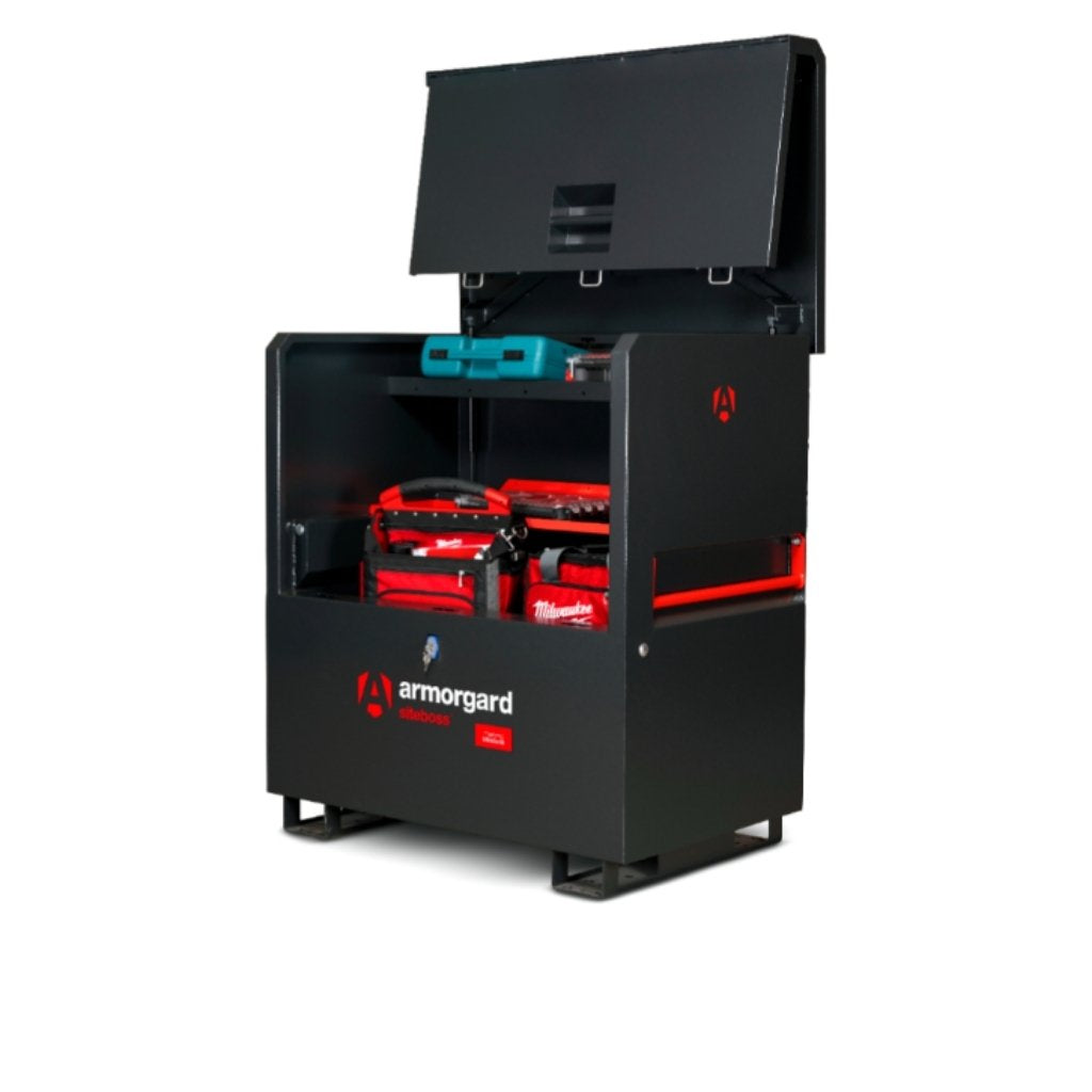 Black armorgard site boss piano box with red and blue contents, featuring the Armorgard logo.