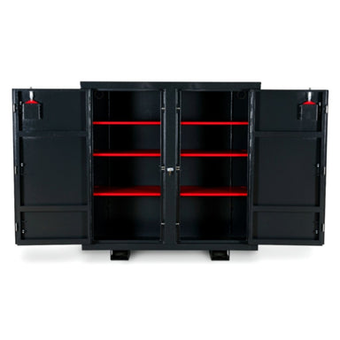 Black armorgard siteboss sb48 cabinet with open doors revealing red interior shelves on a white background