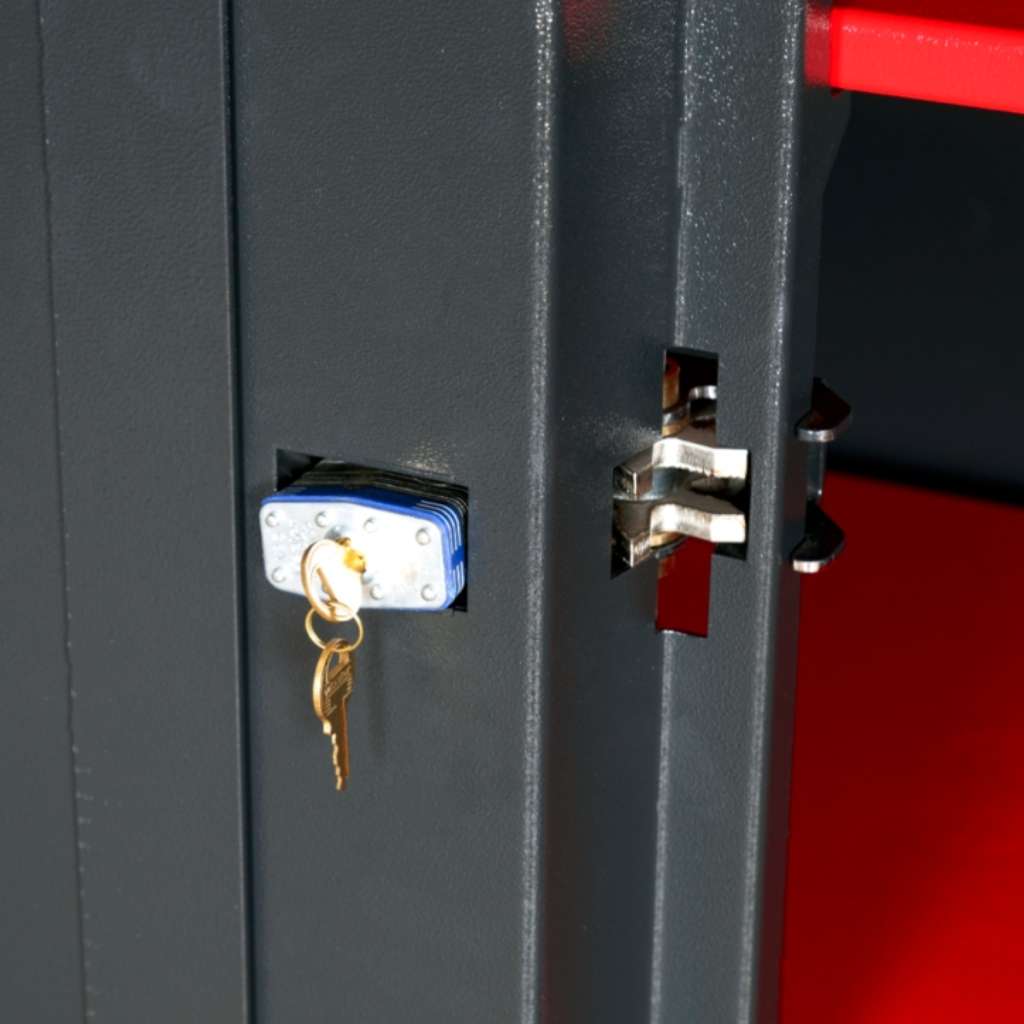 Close-up of a black metal armorgard site boss cabinet with a key inserted into the lock.