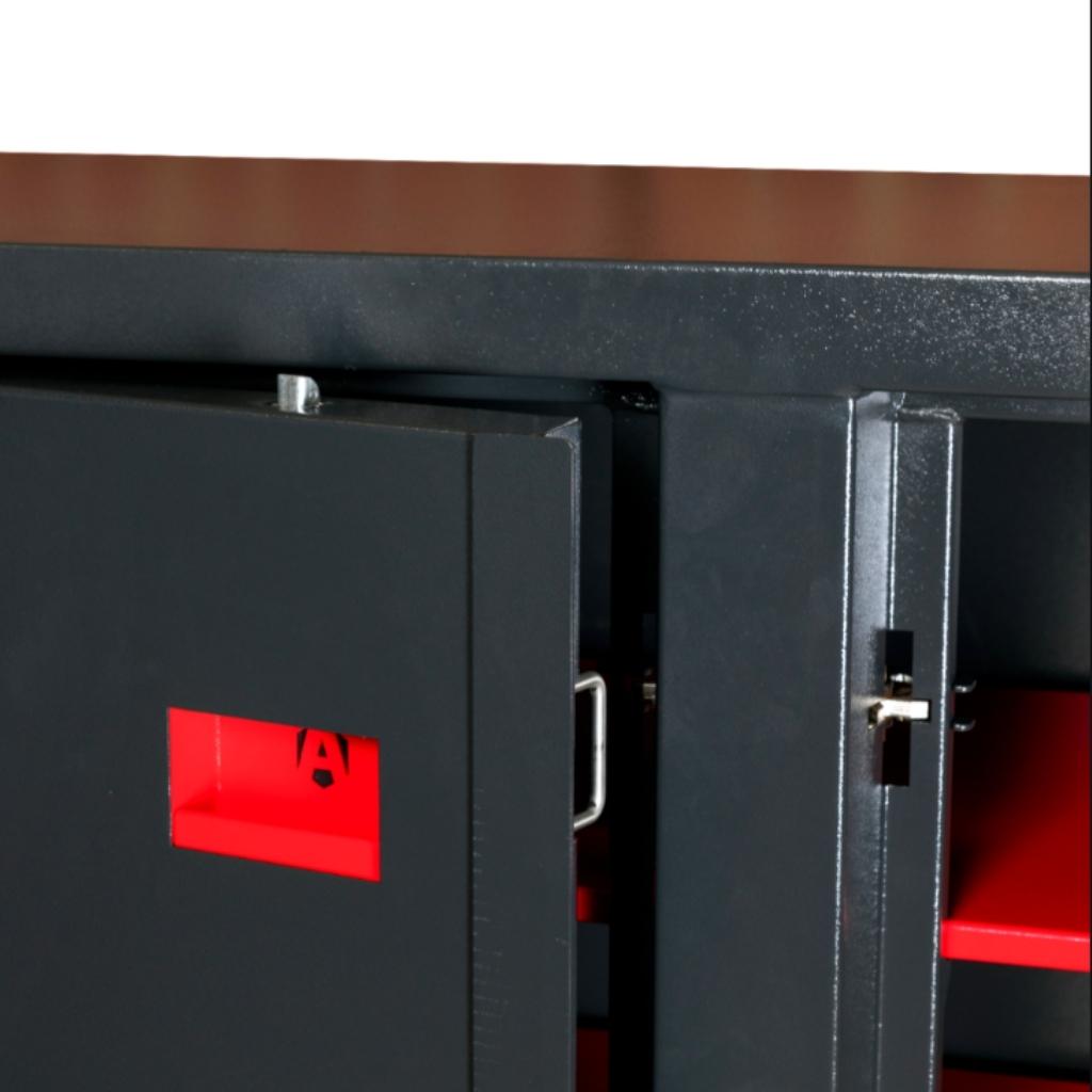 Black metal armorgard siteboss cabinet with red label on a white background