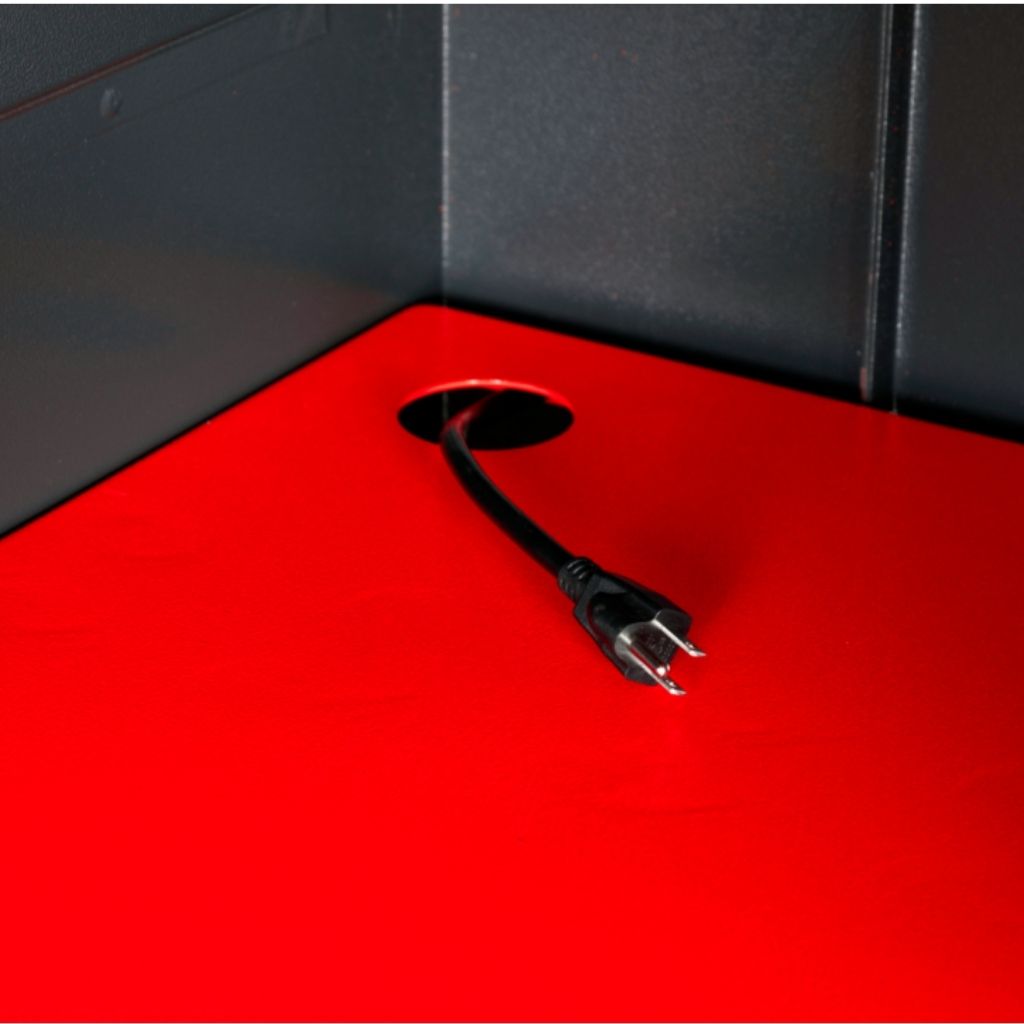 Black electrical cord with plug on a armorgard site boss cabinet