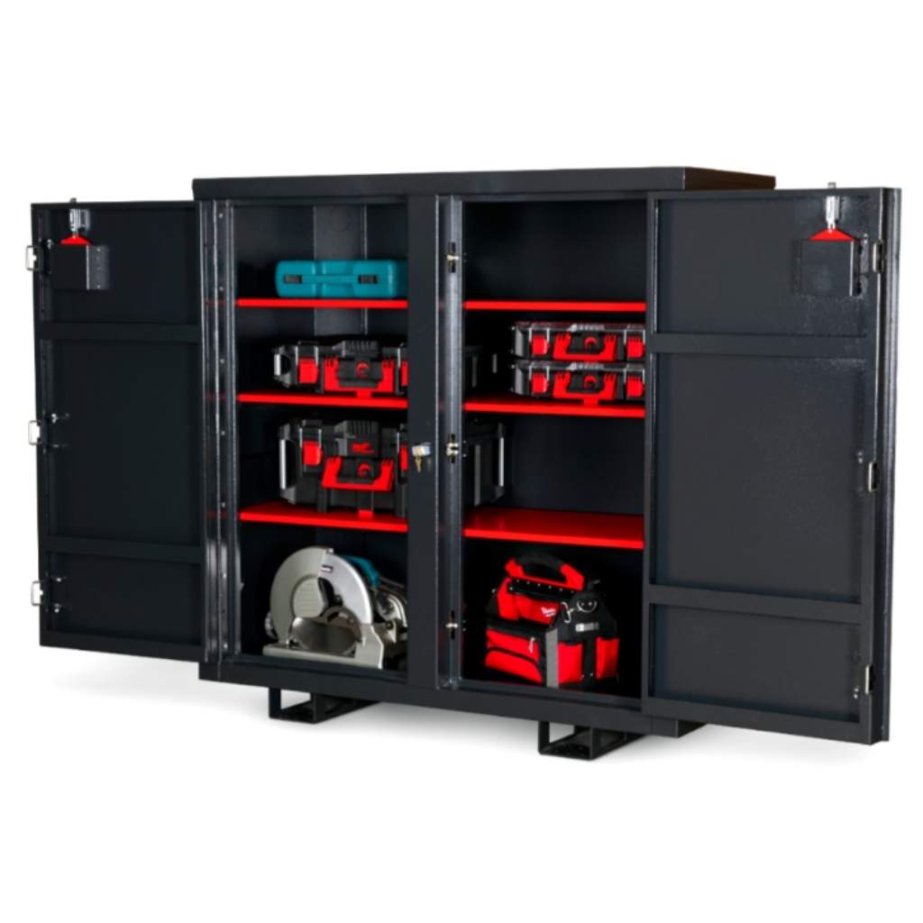 Black armorgard siteboss cabinet sb48 with open doors displaying various tools on a white background