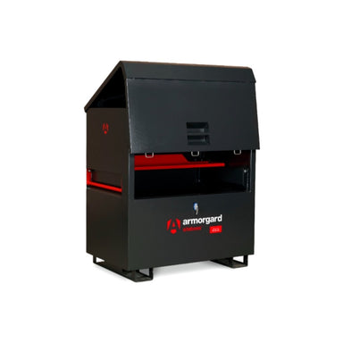 Black armorgard siteboss piano box with red interior and Armorgard logo on a white background